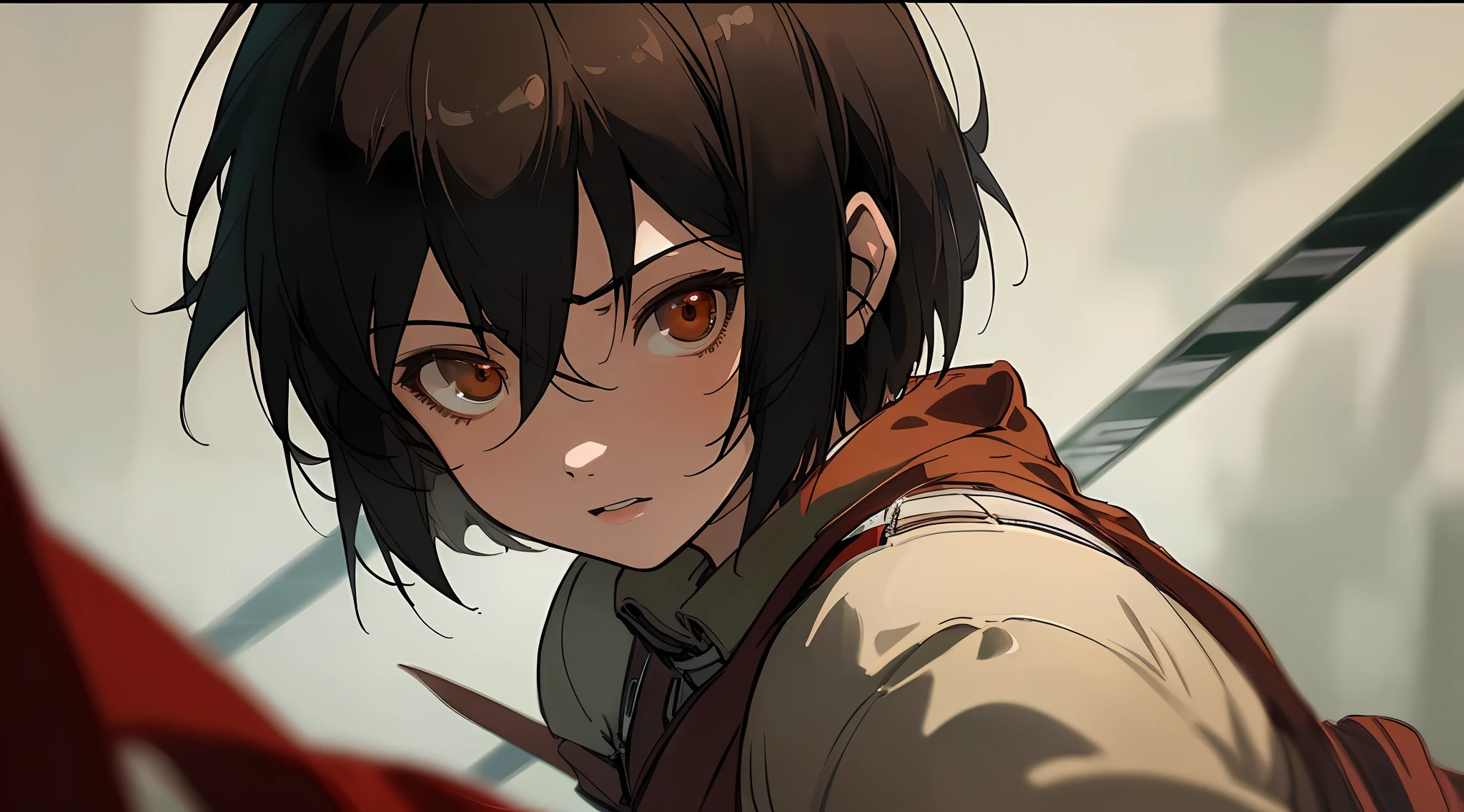 masterpiece, best quality, beautiful angle, face detail, (1girl) Mikasa from Attack on Titan, in the style of a Tokyo ghoul, rich color correction, fights against ghouls