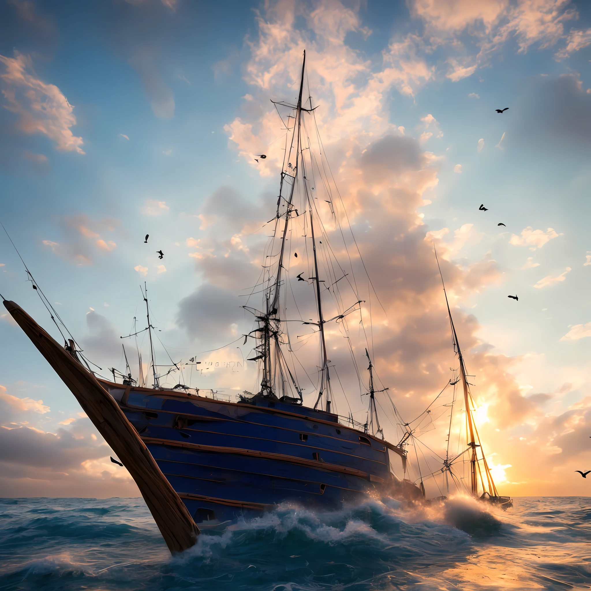 (((8k, RAW photo, Best Quality, Masterpiece: 1.4))), Ultra High Resolution, Ultra Detailed, Illustration, Close Up, Environment Only, (derelict wooden sailing ship), dawn sky behind it, glistening with dew, waves crash, (birds soar above:1.3), habitat for sea life, imagination, outdoors, particle effects, sea serpent rises out of ocean in background