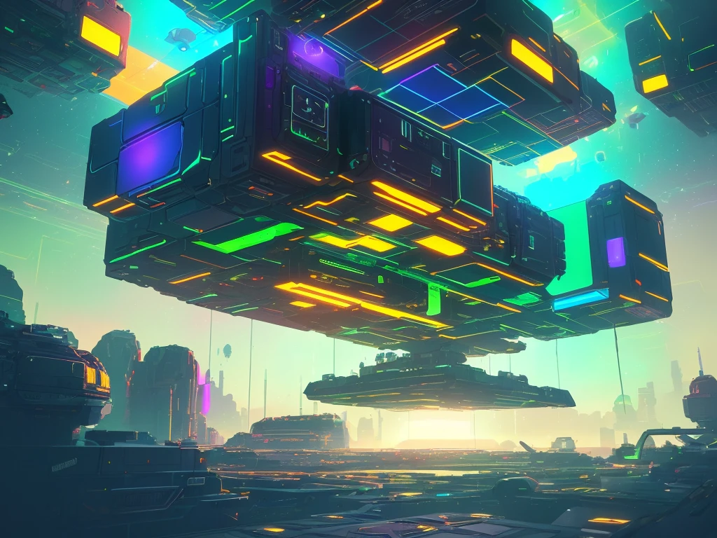 【Prompt】
Beeple style. Interactive space cube, high quality image, detailed and accurate, with great depth and dark contrasts, achieving an atmosphere of an alien and mysterious space. Moving floating objects and scenes that create a sense of interactivity for the viewer. Incorporation of bright and vibrant colors to create a futuristic effect and alternative dimensions.