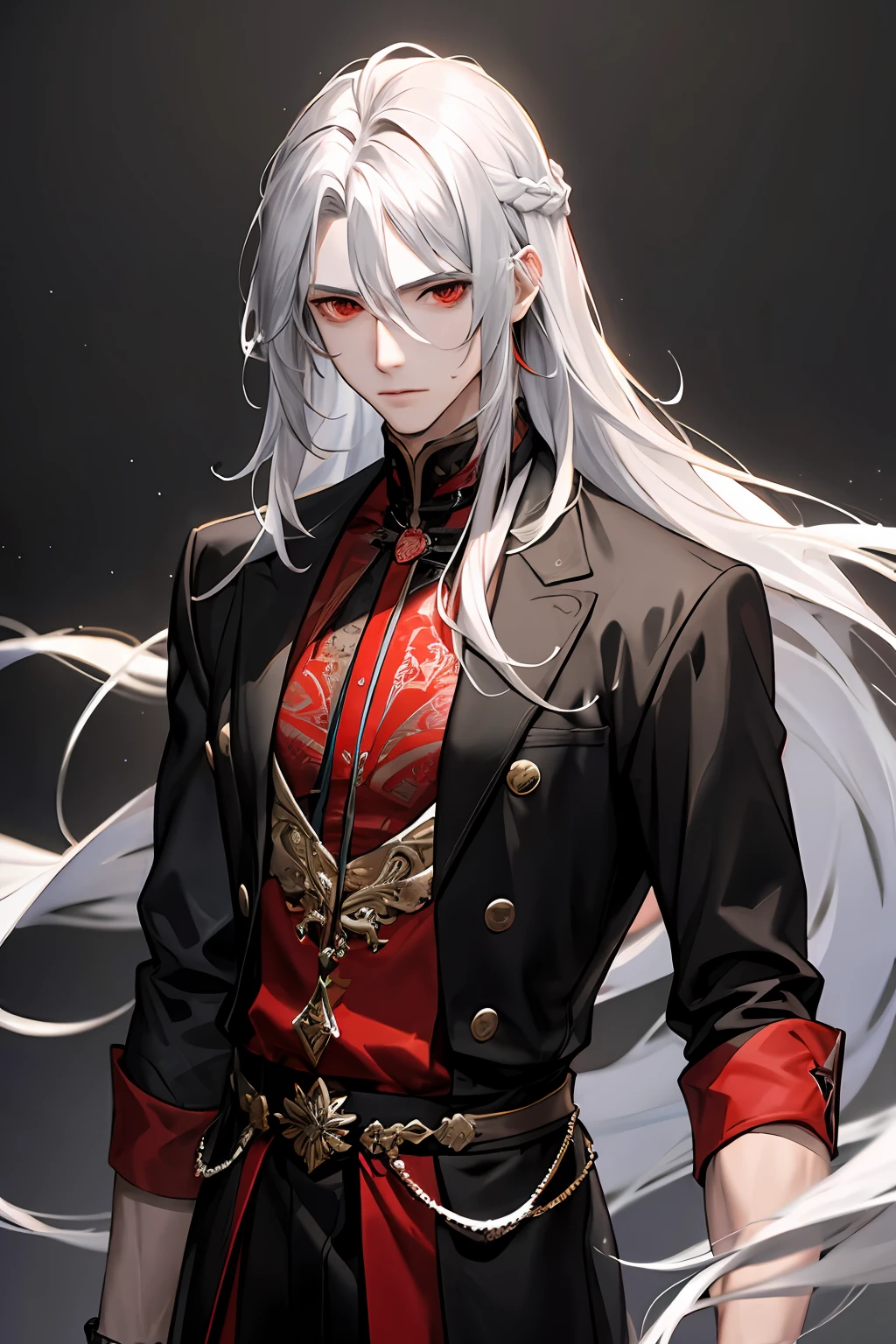 1 man, adult, ((male)), long hair, tall, male, silver hair, red eyes, mature, philosopher, serious, messy hairstyle, sophisticated clothing, intricate, depth field, dynamic light source, (best quality), (masterpiece)