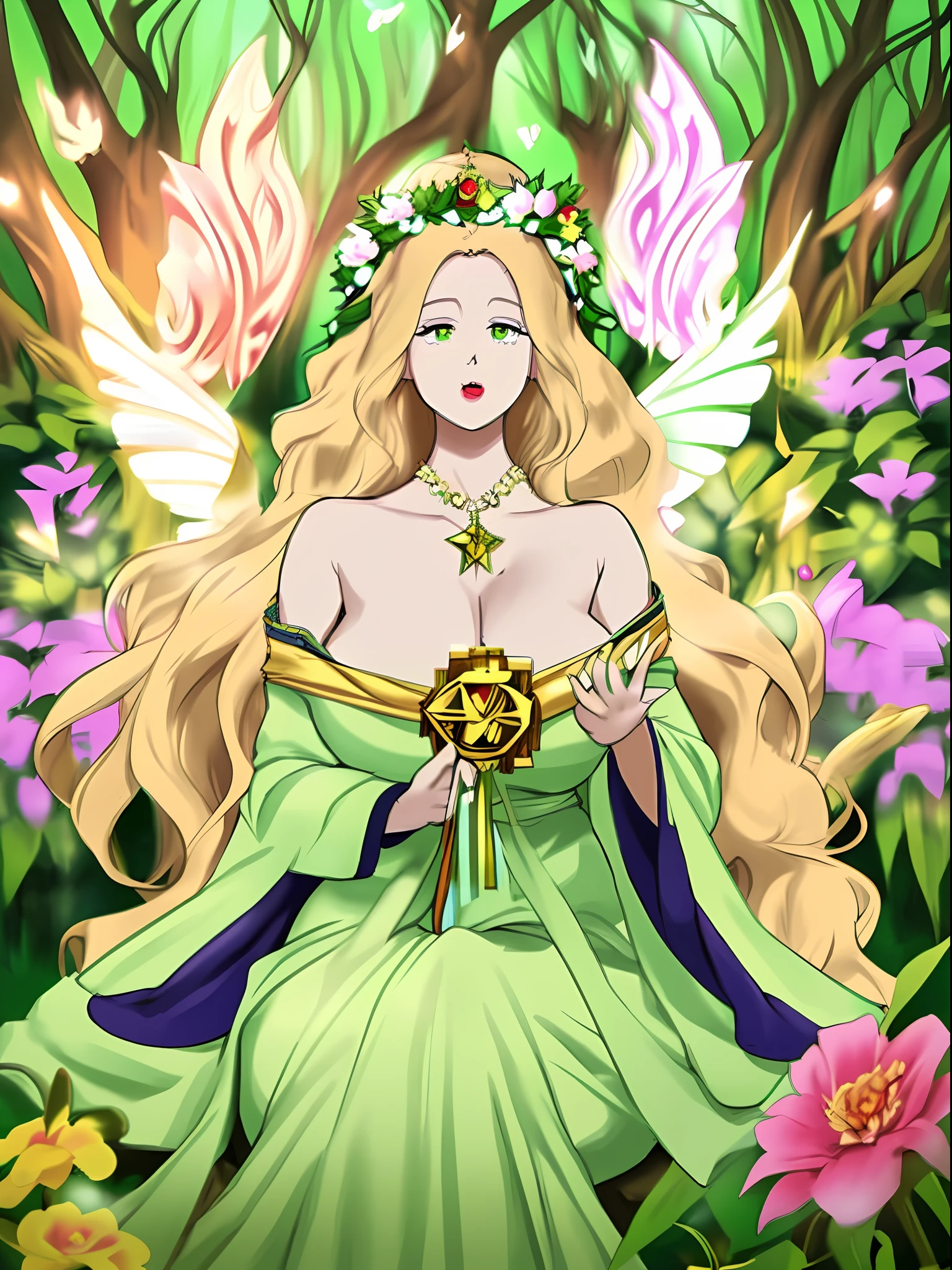a close up of a woman sitting in a field with a bird, goddess of the forest, goddess of nature, earth goddess mythology, nature goddess, fey queen of the summer forest, the non-binary deity of spring, anime goddess, fae priestess, elfic priestess, pagan goddess, goddess. extremely high detail, divine goddess there is a cartoon picture of a woman with a very large angel wings, glowing angelic being, glowing holy aura, inspired by Luma Rouge, the non-binary deity of spring, ethereal rainbow nimbus, the butterfly goddess of fire, inspired by Marie Angel, glowing aura around her, astral fairy, as the goddess of the sun, “uwu the prismatic person, big breast, happy, beautiful eyes,, happy