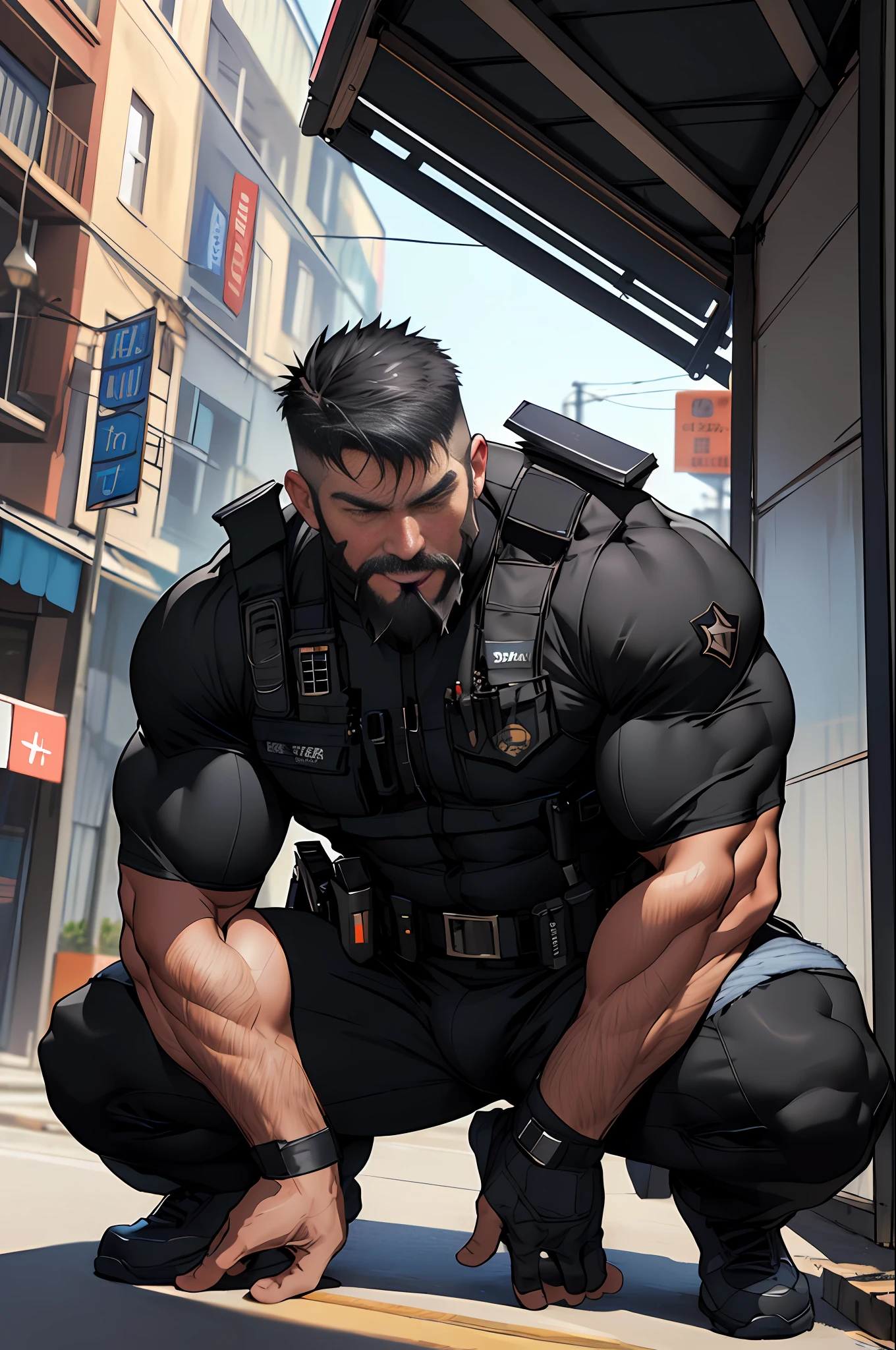 best quality, masterpiece, super high resolution, detailed background, realistic, illustration, single, 1 boy, muscle man, beard, SWAT, hotel, muscle, facial hair, volumetric lighting, depth of field, black clothes, ((black police uniform)), panting, raised crotch, head holding and squatting down