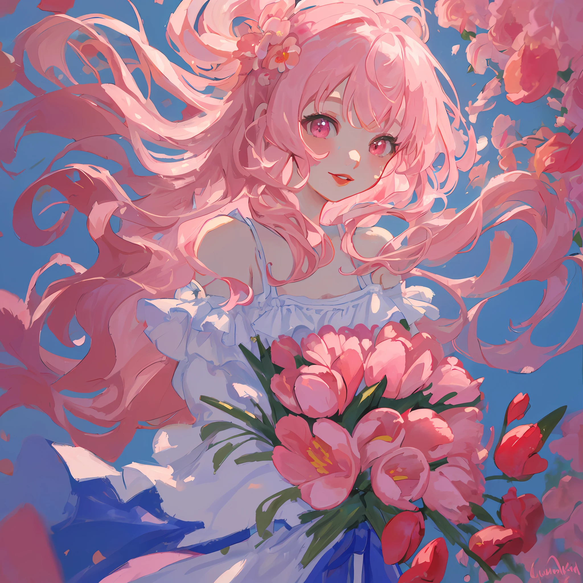 Messy brushstrokes, childish painting style, highest quality, masterpiece, masterpiece, extreme detail, 1 girl, pink long hair, upper_body, pink hair, red lips, pink camisole with bare shoulders, headshot, upper body, hand bouquet, pink tulips, happiness, long curly hair,