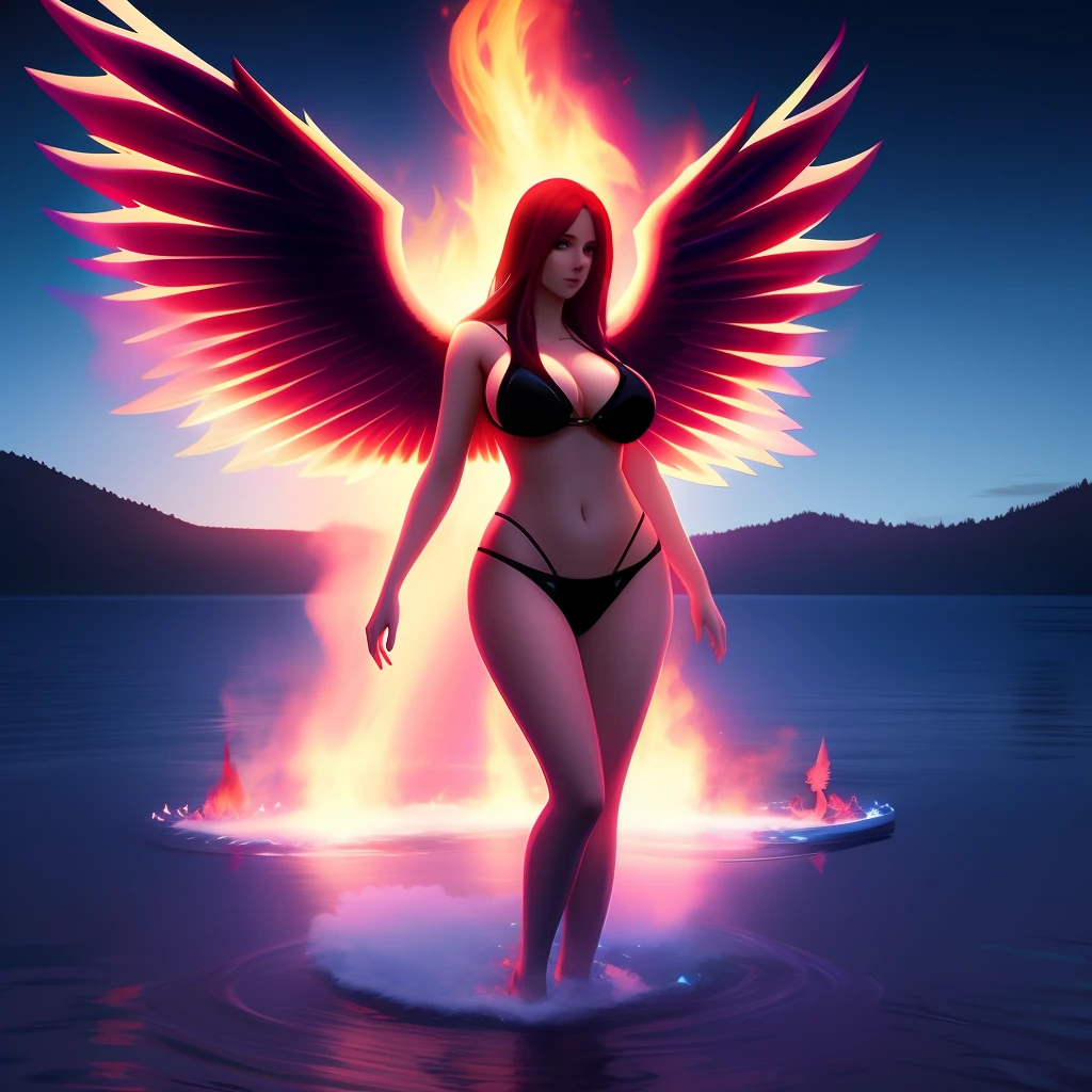 Evil girl with wings and big breasts beautiful face standing on the water, water on the fire anime style digital art style soft lighting glow effect