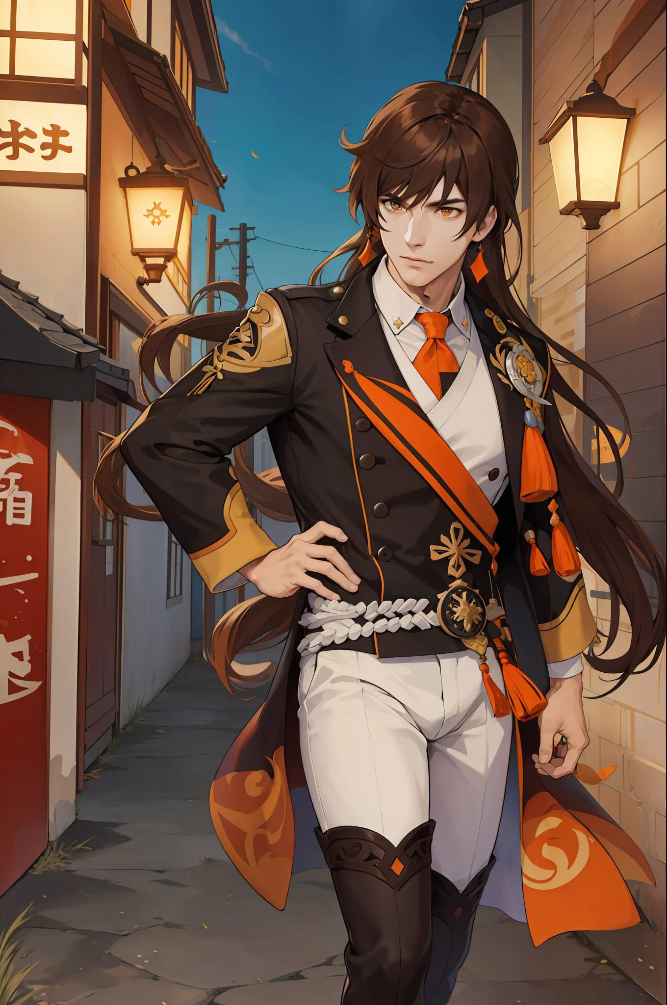 (absurdres, highres, ultra detailed), 1 male, solo, adult, mature, tall muscular guy, broad shoulders, handsome, very long hair,brown hair with orange tips, bright yellow eyes, angular jaw, thick neck, thick eyebrows, zhongli, genshin impact, coat, complex details BREAK, photojournalism, documentary photography, visual storytelling, capturing moments, historical records, social commentary, powerful imagery BREAK, serviceperson, genshin impact game, ruins