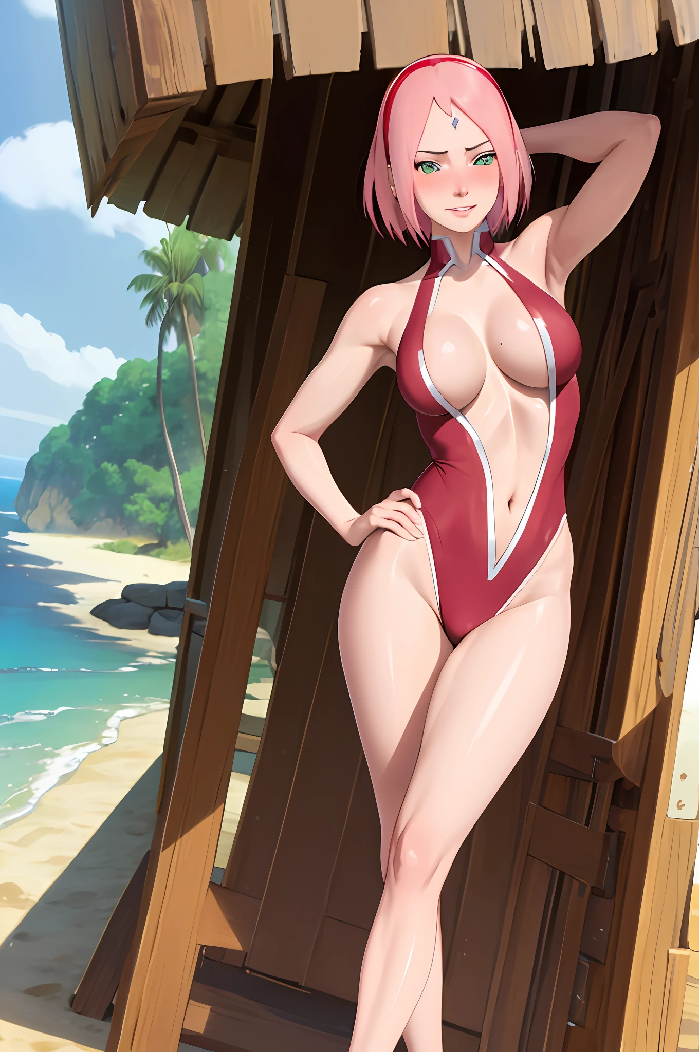 masterpiece, absurdres , (intricate details), (colorful),cinematic lighting,bust shot,extremely detailed CG unity 8k wallpaper,1girl, haruno sakura,forehead mark, red hairband, sexy swimsuit,pose, hand on hip,  cleavage, navel,  looking at viewer,  medium breasts, beach, sand, palm tree, ocean, bent over, ass view, thicker legs, looking at the camera, blush, sweat