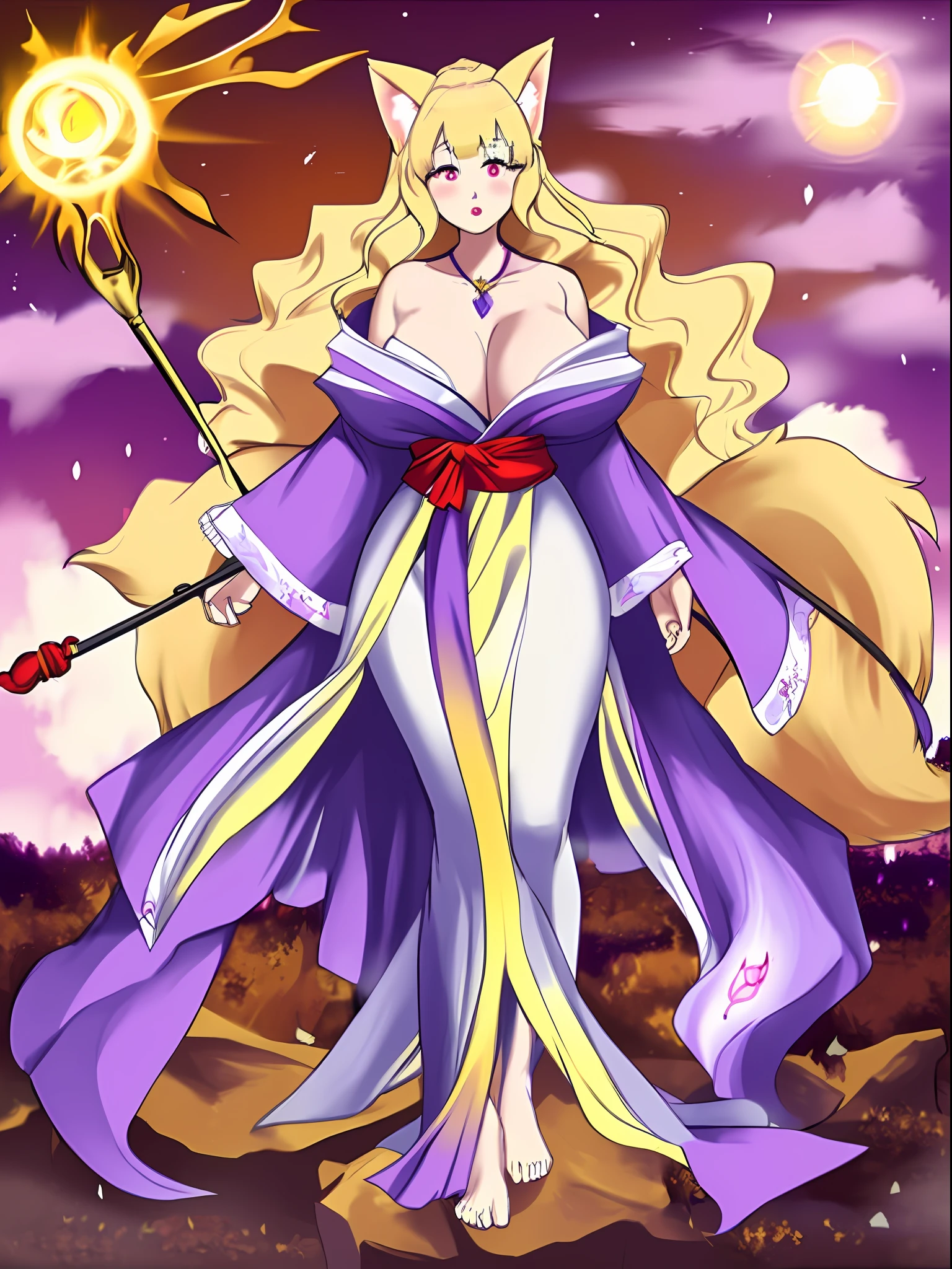 cartoon drawing of a woman dressed in a purple dress holding a scythe, character adoptable, full body adoptable, [ character design ], female anthropomorphic wolf, female fursona, fullbody commission for, anthropomorphic shiba inu, fursona commission, fox nobushi, kitsune three - tailed fox, kitsune holding torch, kitsunethere is a cartoon picture of a woman with a very large angel wings, glowing angelic being, glowing holy aura, inspired by Luma Rouge, the non-binary deity of spring, ethereal rainbow nimbus, the butterfly goddess of fire, inspired by Marie Angel, glowing aura around her, astral fairy, as the goddess of the sun, “uwu the prismatic person, big breast, happy, beautiful eyes,, happy
