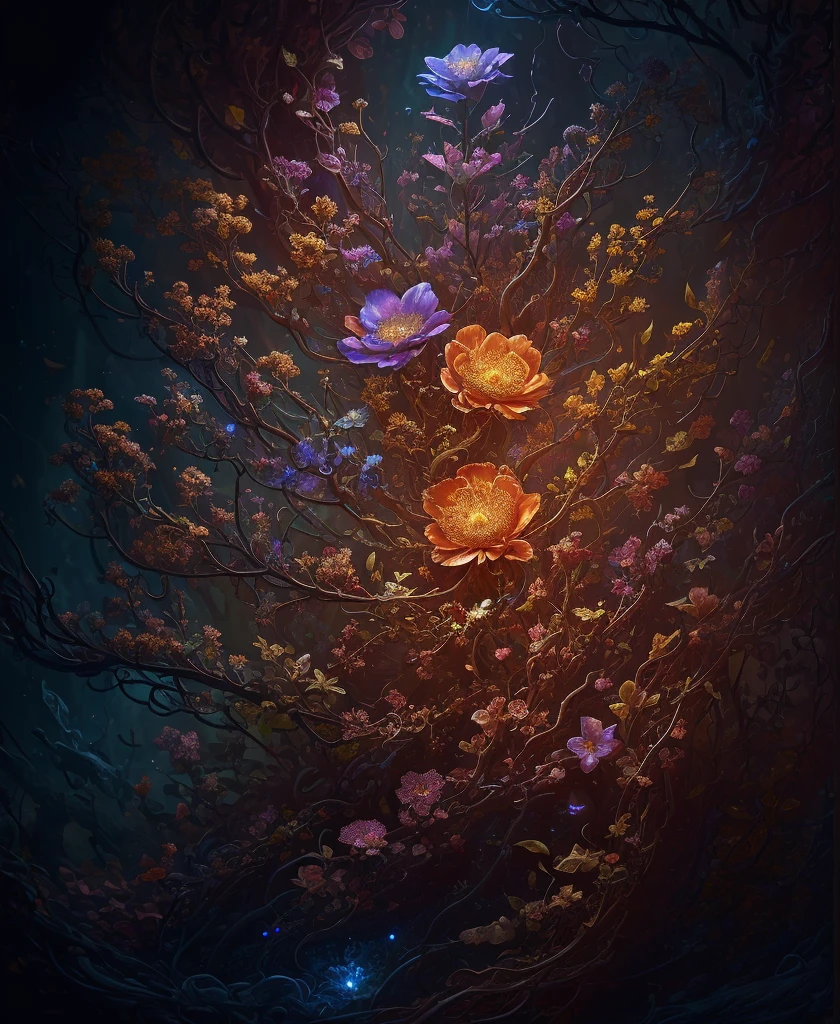 A fantasy surrealistic fantasy multi elemental flower, Elemental Flowers, dark background, hyperdetailed intricately detailed colors, deep color, fantastical, intricate detail, splash screen, fantasy concept art, 8k resolution, , soft cinematic light, adobe lightroom, photolab, hdr, intricate, highly detailed, (depth of field:1.4)