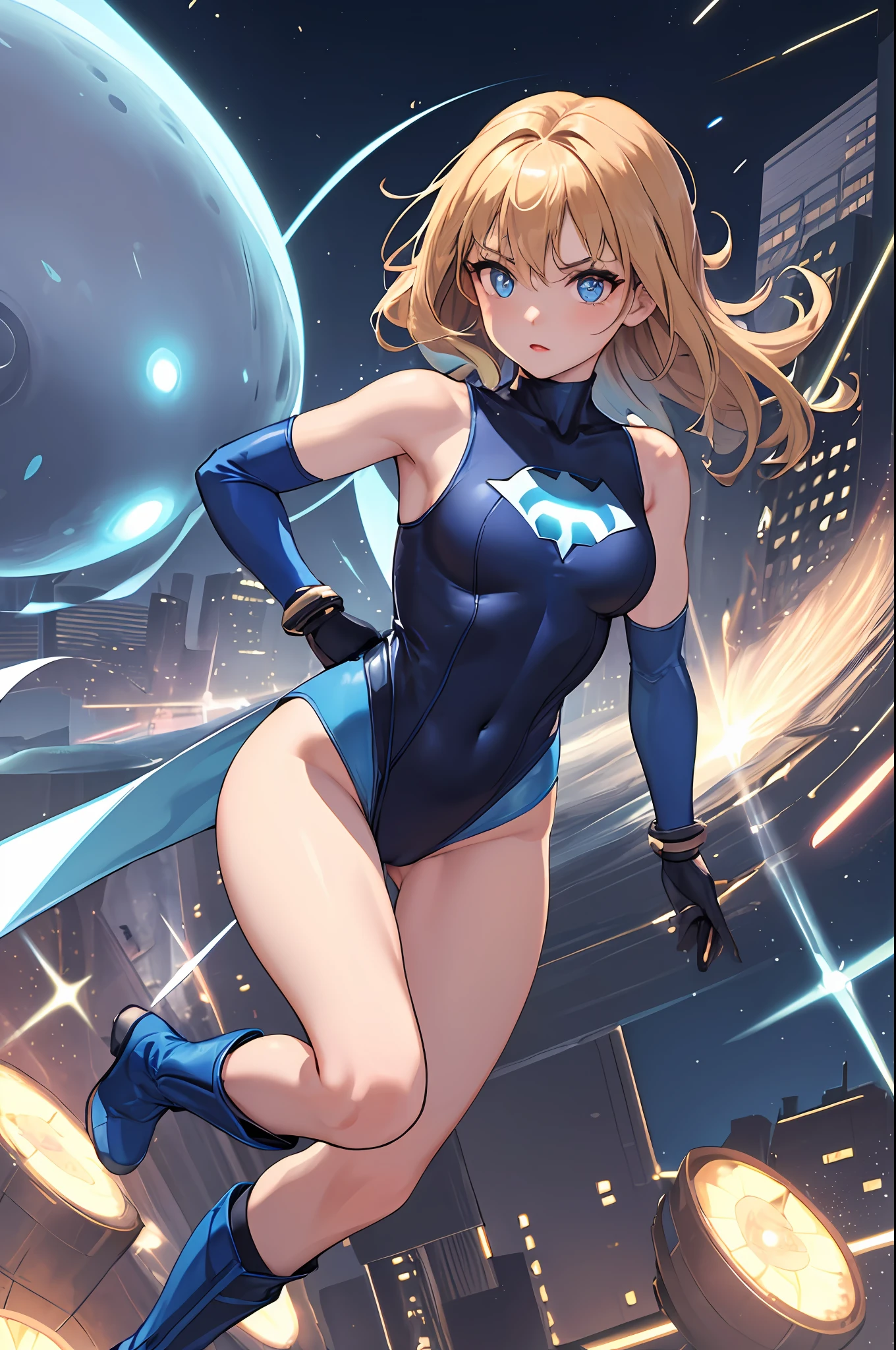 masterpiece, best quality, highres, 1girl, solo, superhero, leotard, bare legs, boots, matching boots, aura, blue aura, sleeveless, gloves, bracelets, matching gloves, looking at viewer, light particles, city backdrop, perfect hands, perfect eyes, powering up, perfect leotard, captain planet,