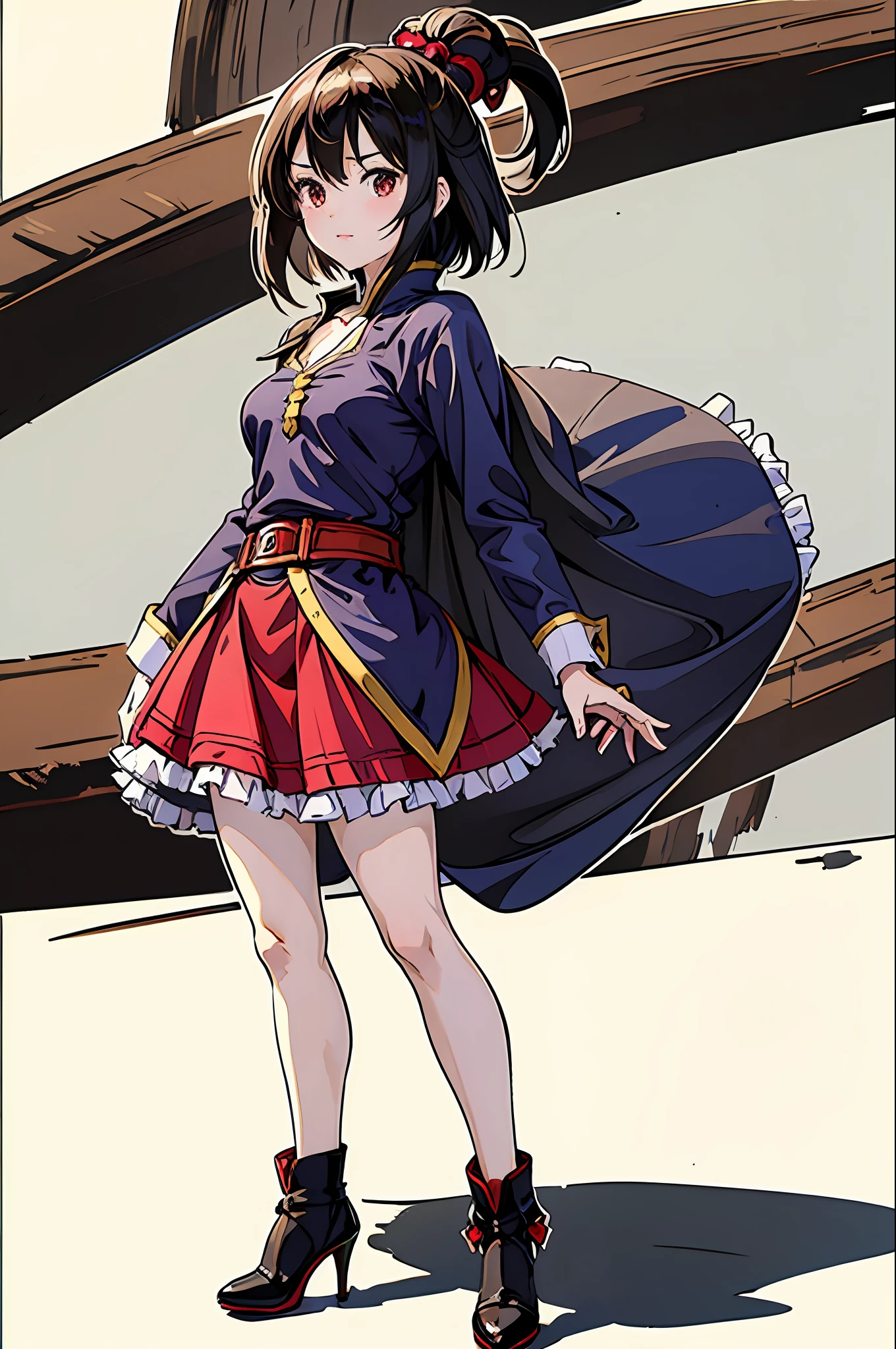 ((masterpiece,best quality,ultra-detailed)), 1girl, full body, standing, megumin (konosuba), mage, crimson pupils, high heels, short hair, cape, short skirt, gloves, simple background