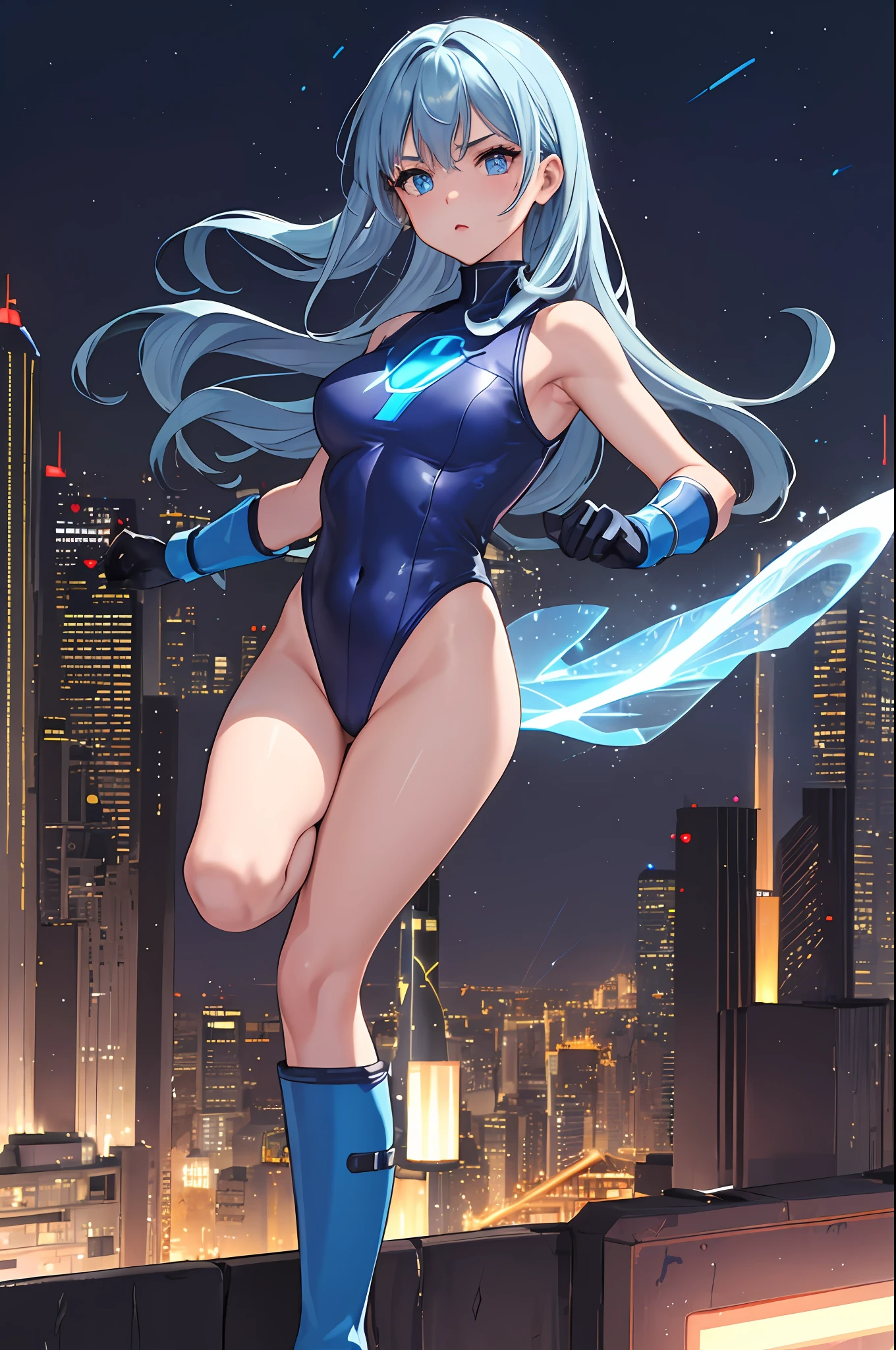 masterpiece, best quality, highres, 1girl, solo, superhero, leotard, bare legs, boots, matching boots, aura, blue aura, sleeveless, gloves, bracelets, matching gloves, looking at viewer, light particles, city backdrop, perfect hands, perfect eyes, powering up, perfect leotard, captain planet,