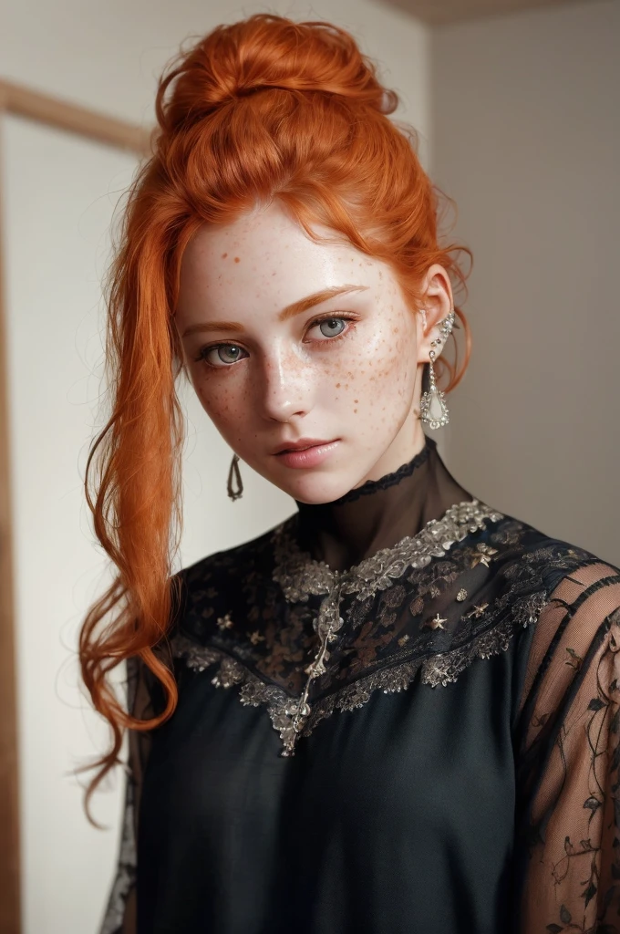 (8k, RAW photo, highest quality),(epic realistic:1.5), a girl, dynamic posture,erotic face, blouse,(detailed eyes:0.8),(looking at the camera:1.4), (highest quality), (best shadow),intricate details,cinematic,((skin:1.4)),interior, (long flowing ginger hair:1.3),dark studio,(hdr:1.5),detailed, muted colors, freckles, silver necklace, silver earring, wavy hairstyles