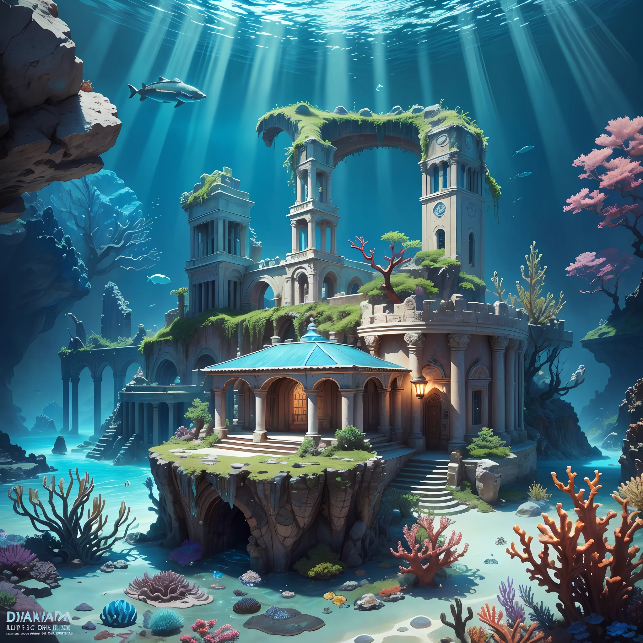 The underwater world of Atlantis, deep sea, epic reality, (hdr: 1.4), dappled sunlight, cool colors, ancient ruins, ocean-type houses full of design sense, deep-sea creatures, coral, fantastic and incredible, epic composition , (Complicated Detail), (Complicated Detail, Ultra Detail: 1.2), Art Station, (Masterpiece, Best Quality) --v 6