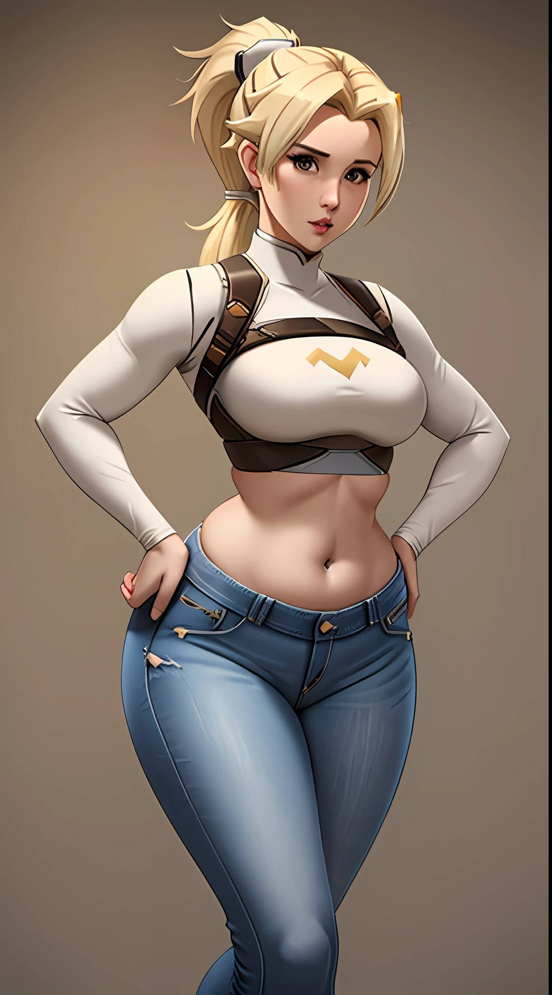 mercy from overwatch blonde woman, curvy, wide hips, small waist, high ponytail hair style, wearing crop top and tight jeans, exposed belly, visible navel, (chubby belly:0.8),