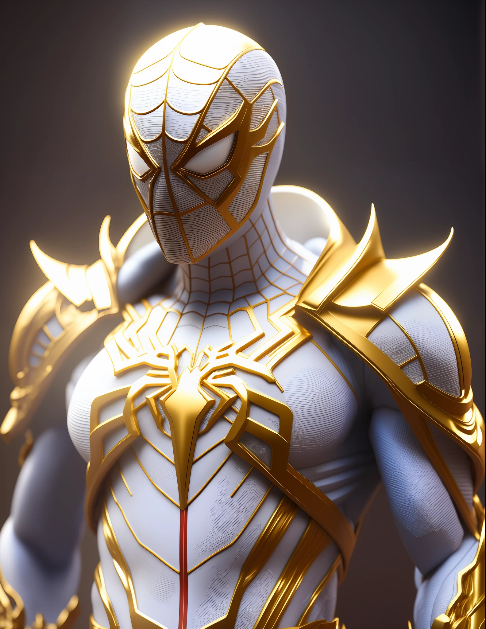 a close up of a statue of a man with a gold and white costume, super detailed render, 3 d render character art 8 k, intricate white and gold armor, full samurai armor spiderman, high detail iconic character, 8k render”, octane render ”, octane render”, super detailed octane render, super rendered in octane render, hyper detailed 3 d render, futuristic style spiderman