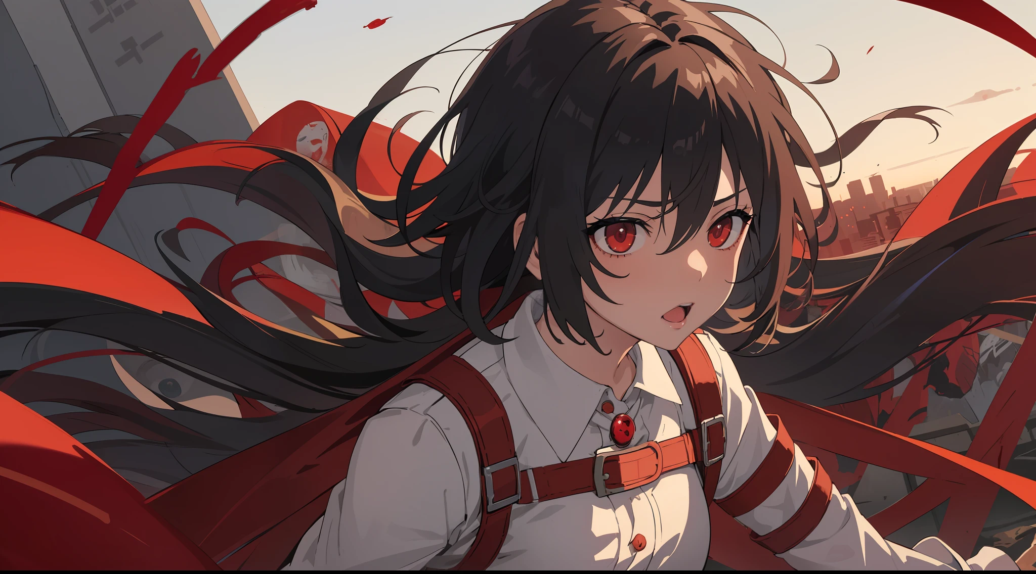masterpiece, best quality, beautiful angle, face detail, (1girl) Mikasa from Attack on Titan, in the style of a Tokyo ghoul, rich color correction, fights against ghouls, red lines behind, blood