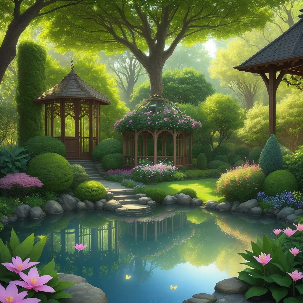Stunning landscape: The image should show an extensive garden with a great diversity of plants, trees and flowers. Use vibrant colors to convey the life and beauty of the place.
Magical elements: Add magical touches to the garden, such as trees with shimmering foliage, flowers that emit subtle glows, or fantastic little creatures hidden among the vegetation.
Charming architecture: Include charming architectural structures such as a glass pavilion, delicate bridges over streams, fountains with detailed sculptures, or charming gazebos.
Animal life: Add exotic animals such as colorful butterflies, rare birds, and curious little animals that move around the garden.
Minute details: Emphasize details on flower petals, leaf textures, water reflections, and intricate patterns of architectural structures.
Magical lighting: Create a magical atmosphere with different lighting sources, such as soft sunlight filtered through trees, lanterns hanging from trees, or bright insects that emit light of their own.