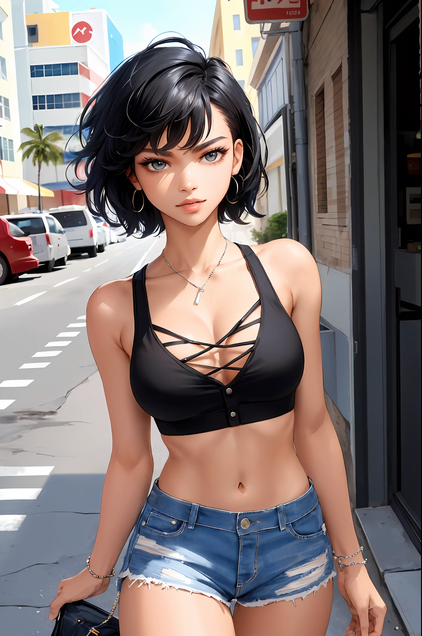 masterpiece, high quality, sharp focus, Zendaya American punk style, black hair, with a top and shorts, perfect face, perfect jaw, textured skin, beautiful lips, cowboy photo, on a street in the city of Miami, cold lighting, cool atmosphere, 8k, UHD, absurd