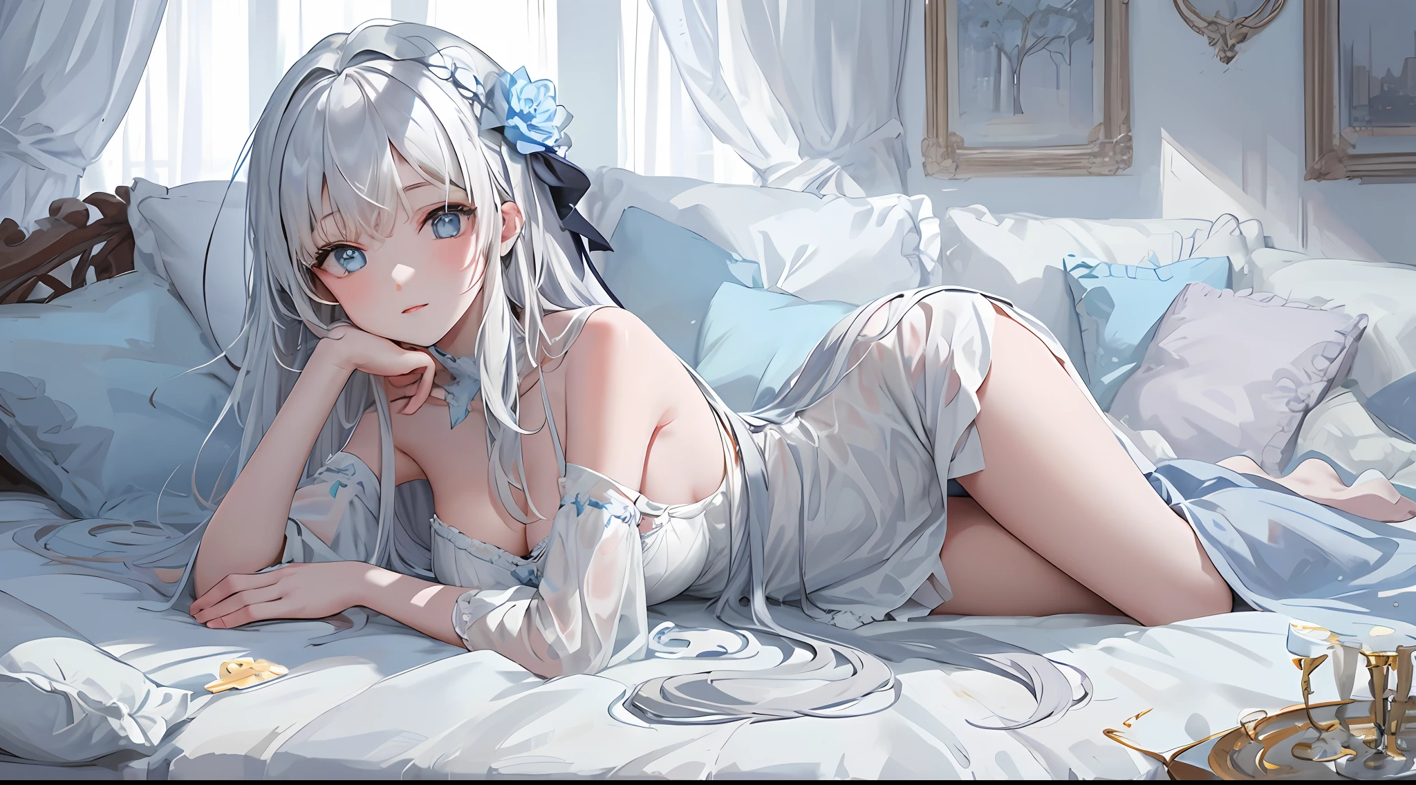(masterpiece, highest quality, best quality, formal art, beautiful and aesthetic: 1.2), (1girl), extremely detailed eyes, (fractal art: 1.3), colorful, highest level of detail, (perfect face), shiny skin, HDR) 1girl, solo, looking ahead, lying, lying on the bed, ((white hair)), (pale skin))), curly hair, (long hair), light blue eyes, light blue flowers in hair, white dress, fluffy dress, light blue collar, light blue sleeves, White room. (((closely)))