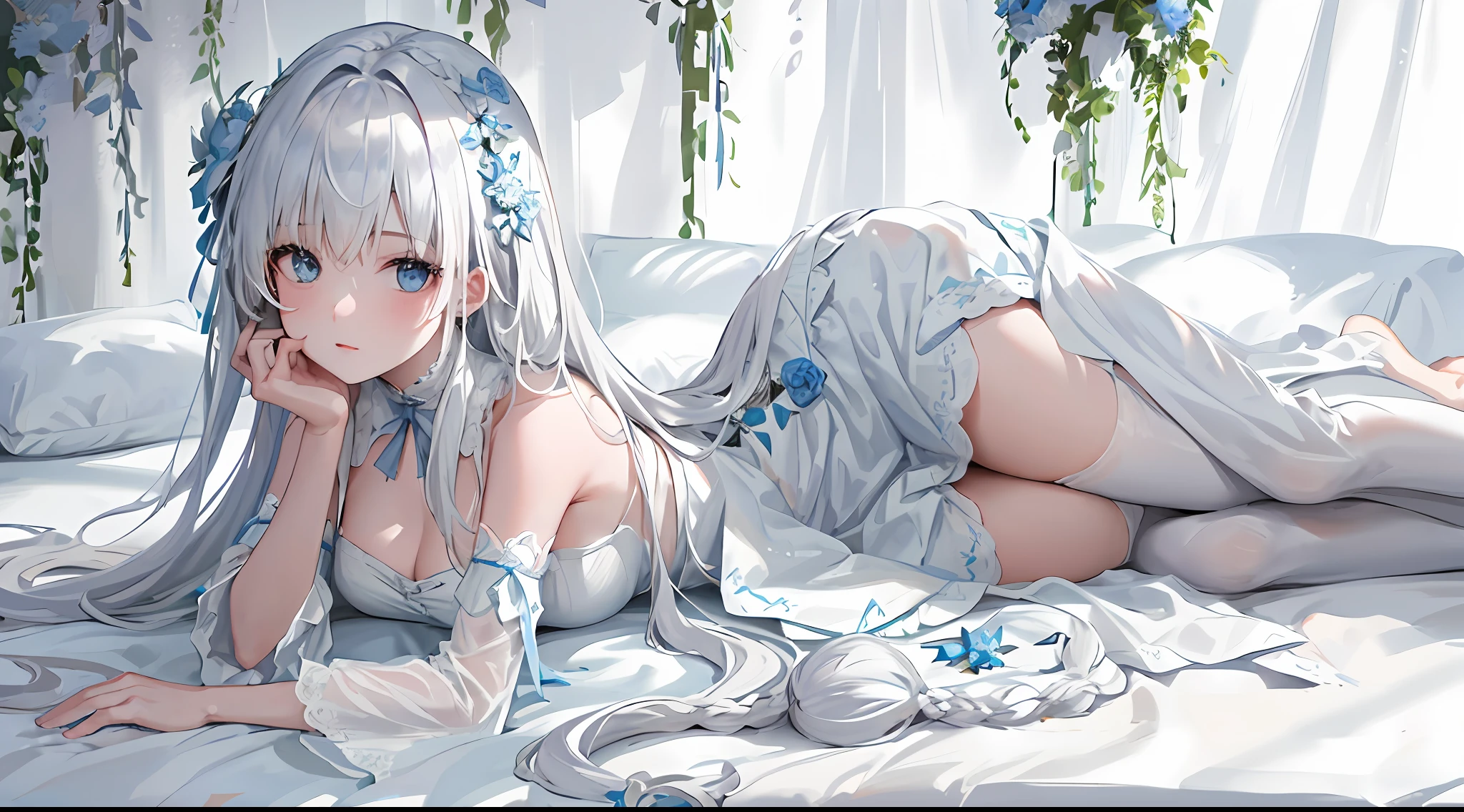 (masterpiece, highest quality, best quality, formal art, beautiful and aesthetic: 1.2), (1girl), extremely detailed eyes, (fractal art: 1.3), colorful, highest level of detail, (perfect face), shiny skin, HDR) 1girl, solo, looking ahead, lying, lying on the bed, ((white hair)), (pale skin))), curly hair, (long hair), light blue eyes, light blue flowers in hair, white dress, fluffy dress, light blue collar, light blue sleeves, White room. (((closely)))