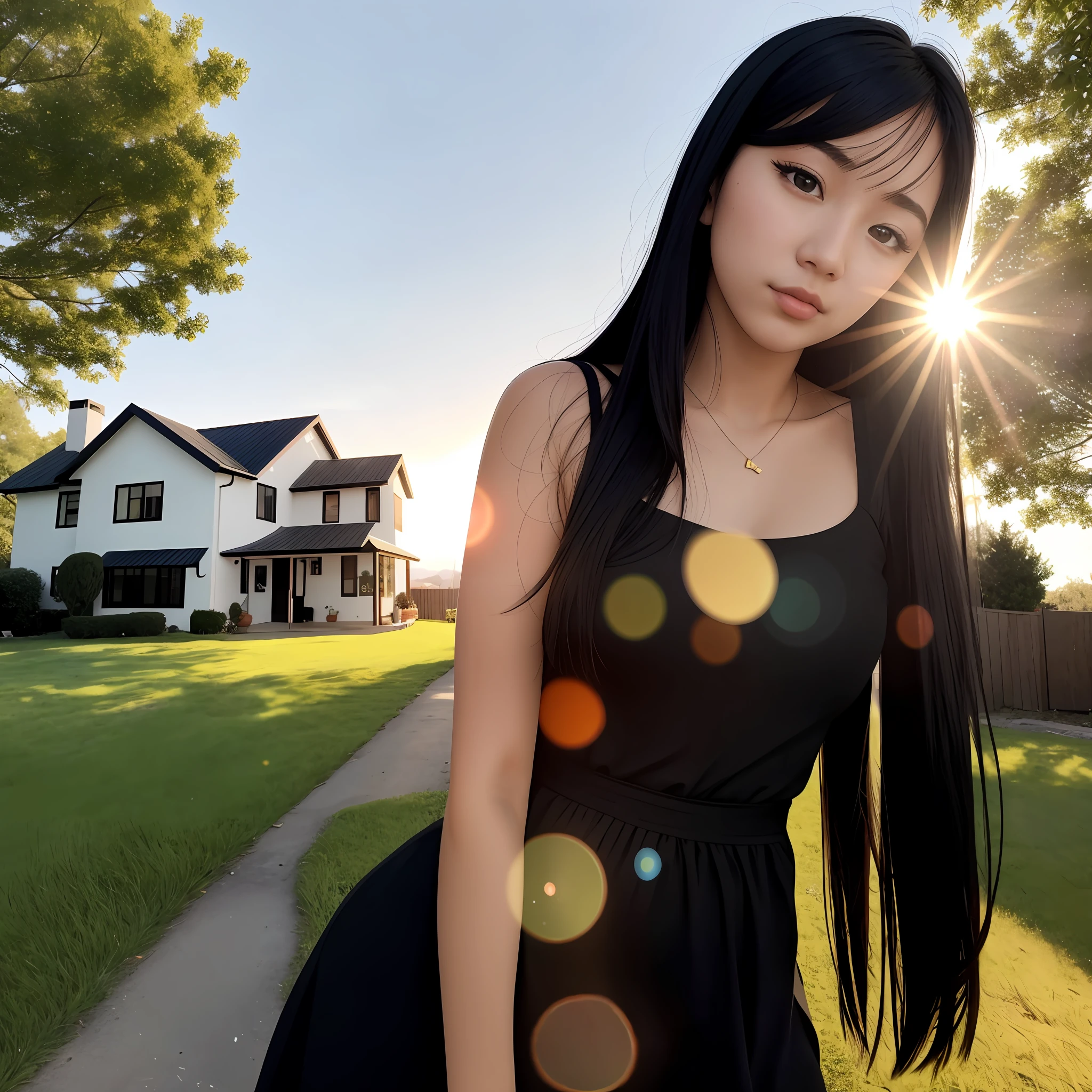 Best quality, masterpiece, girl, black hair, black eyes, house, sun is shining, shiny skin, sun flare, big