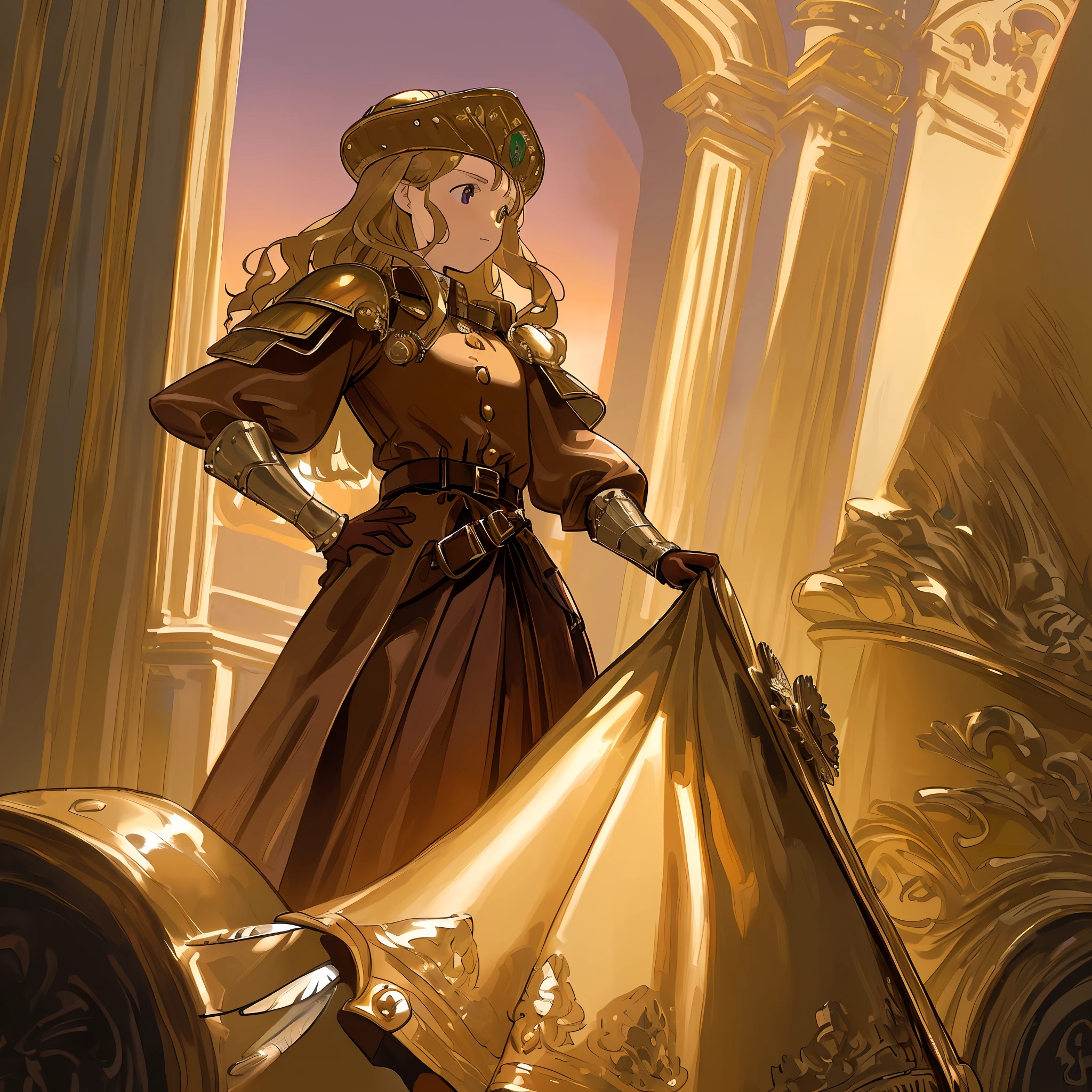 High quality illustration such as an oil painting, great resolution and detail, general point of view, model in the distance from the image, 1 aggressive woman, uniform of the sixteenth century (some metallic details on the shoulders, dark brown leather coat (large golden buttons), belts with golden buckles, small cape to the hip (hairy), simple metallic Spanish conqueror helmet (shiny, with feather details), brown leather boots, very detailed scenery, sixteenth century palace (red and white walls, golden details, dark green curtains, statues, royal shield) violet sunset light