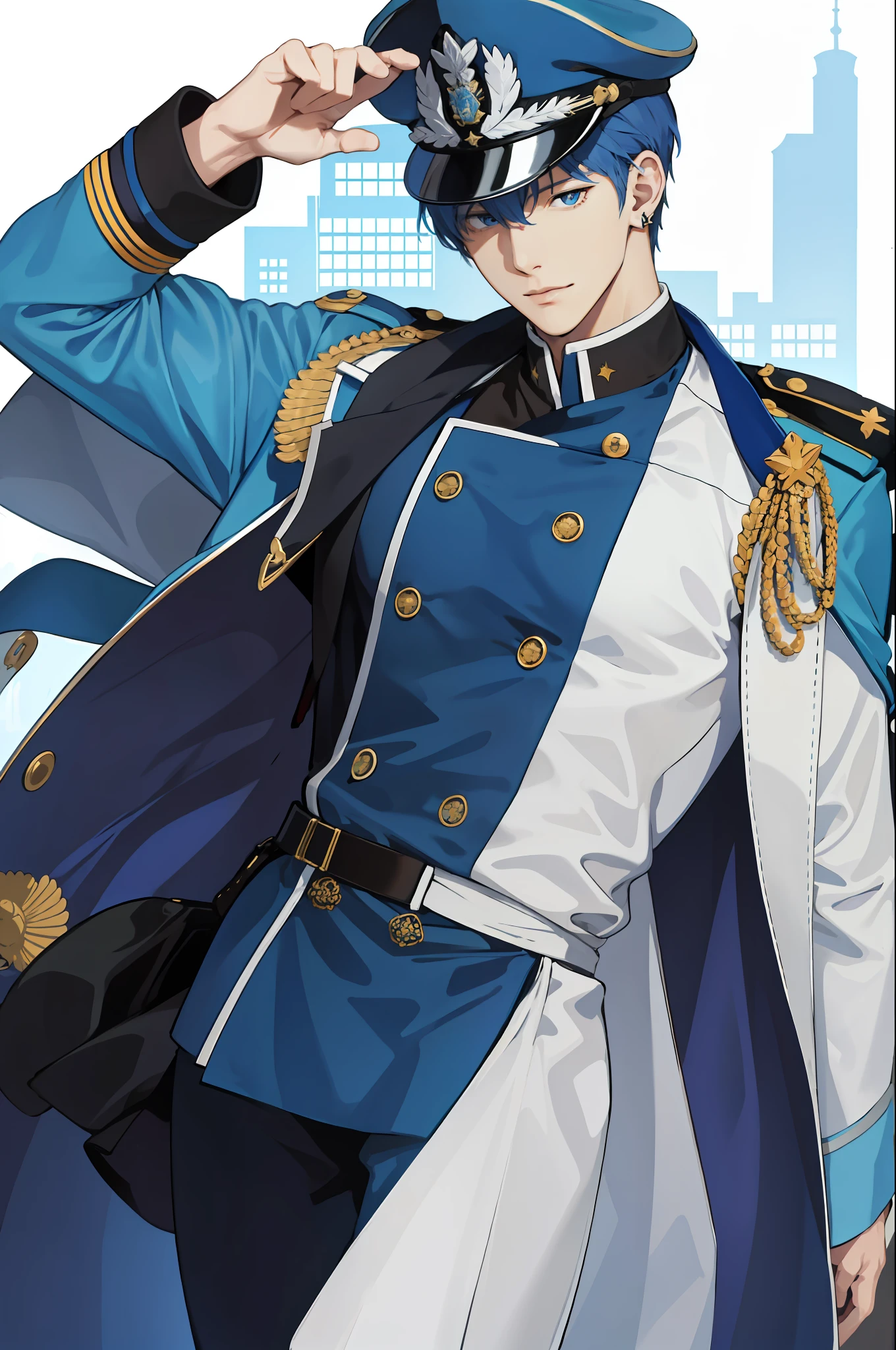 (absurdres, highres, ultra detailed), 1 male, solo, adult, strait pose, frontal pose view, standing straight, one earing, handsome, short light-blue heir, tall military hat in old russian imperor style, military deep blue coat, bright blue eyes, military suit, complex details BREAK, visual novel style, main hero of the novel BREAK, visual novel style, different face emotions