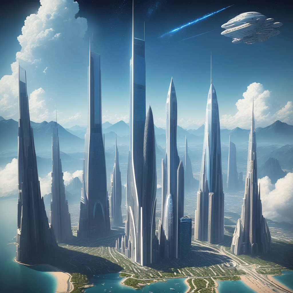 ((masterpiece)),((best quality)),((high detial)),((realistic,)) Sci-fi port city with sailing spacecrafts, huge_aircrafts, dark_blue_sky, nebula_background, cloudy_sky, mountains, multiple_others, outdoors, scenery, skyscrapers, tower