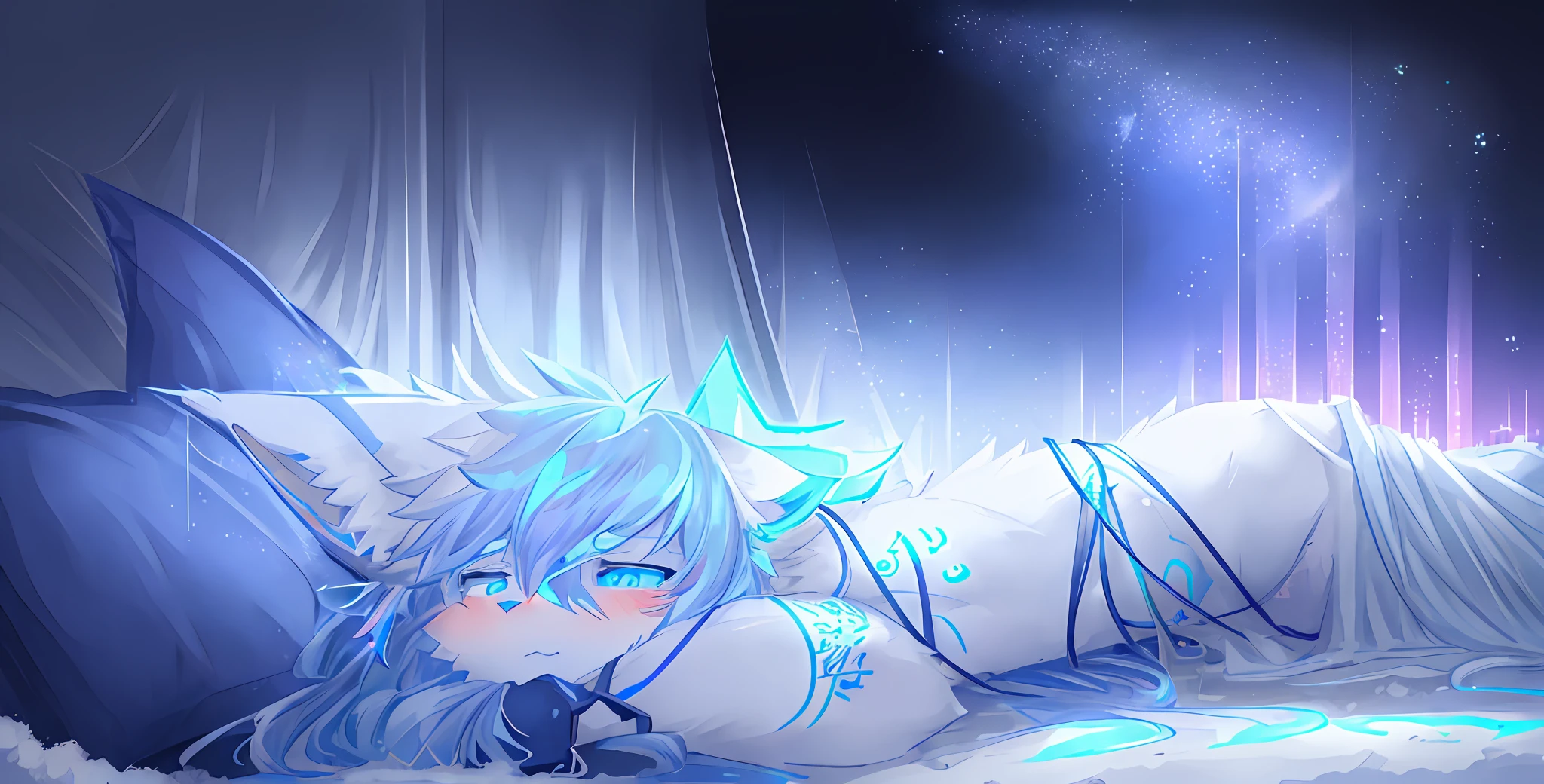 shota, long hair, blue eye, glow eye, femboy, neon city, snowfall, midnight, fox ear, deep blue ear, fox tail, deep blue fox, deep blue jacket, cute, collar, Two tail, space katana, God, fur body, full body, the lower body is nude, snow fox, character, master piece, fluffy tail, current, shy, NFSW, Highest Quality, 8k, full HD, four ear fox, winter, own character, nude, nsfw, light blue hair, 10 years, super Shy, sleep, demon sexual tattoo, heart eye, full demon sexual tattoo. power demon sexual tattoo, full power demon sexual tattoo, soft, glow demon sexual tattoo. pink demon sexual tattoo (demon sexual tattoo 100%)