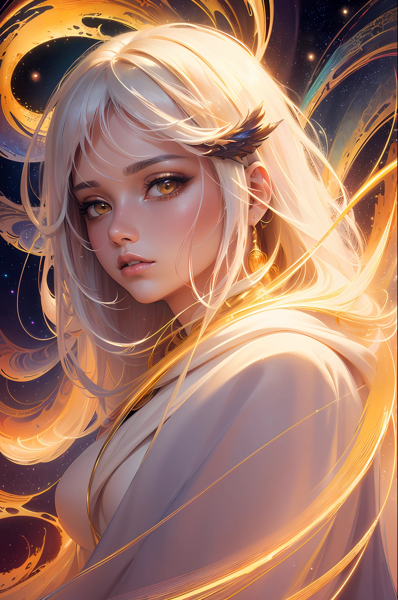 (masterpiece, top quality, best quality, official art, beautiful and aesthetic:1.2), (1girl), extreme detailed eyes, (fractal art:1.3), colorful, highest detailed, (perfect face), shiny skin, HDR, (white cloak golden lines:1.2), galaxy, (light streaks), striking visuals, (dynamic streaks, luminous trails:1.2), vibrant colors, (phoenix), (dragon)