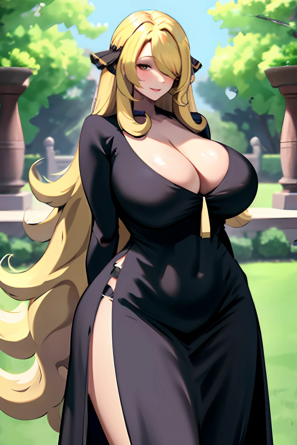 ((Cynthia)), ((highres)), ((best quality)), 8k, masterpiece, 1girl, ((huge thick)), blonde hair, beautiful eyes, strapless dress, long dress, cowboy shot, garden, smile, ((long hair, curly)), ((looking at viewer)), standing, ((arms behind back)), ((hair over one eye))