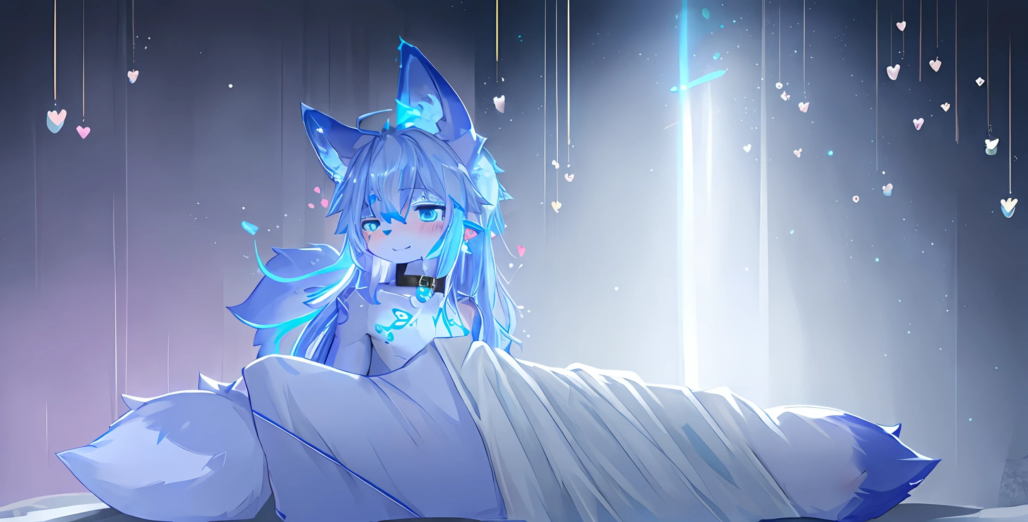shota, long hair, blue eye, glow eye, femboy, neon city, snowfall, midnight, fox ear, deep blue ear, fox tail, deep blue fox, deep blue jacket, cute, collar, Two tail, space katana, God, fur body, full body, the lower body is nude, snow fox, character, master piece, fluffy tail, current, shy, NFSW, Highest Quality, 8k, full HD, four ear fox, winter, own character, nude, nsfw, light blue hair, 10 years, super Shy, sleep, demon sexual tattoo, heart eye, full demon sexual tattoo. power demon sexual tattoo, full power demon sexual tattoo, soft, glow demon sexual tattoo. pink demon sexual tattoo