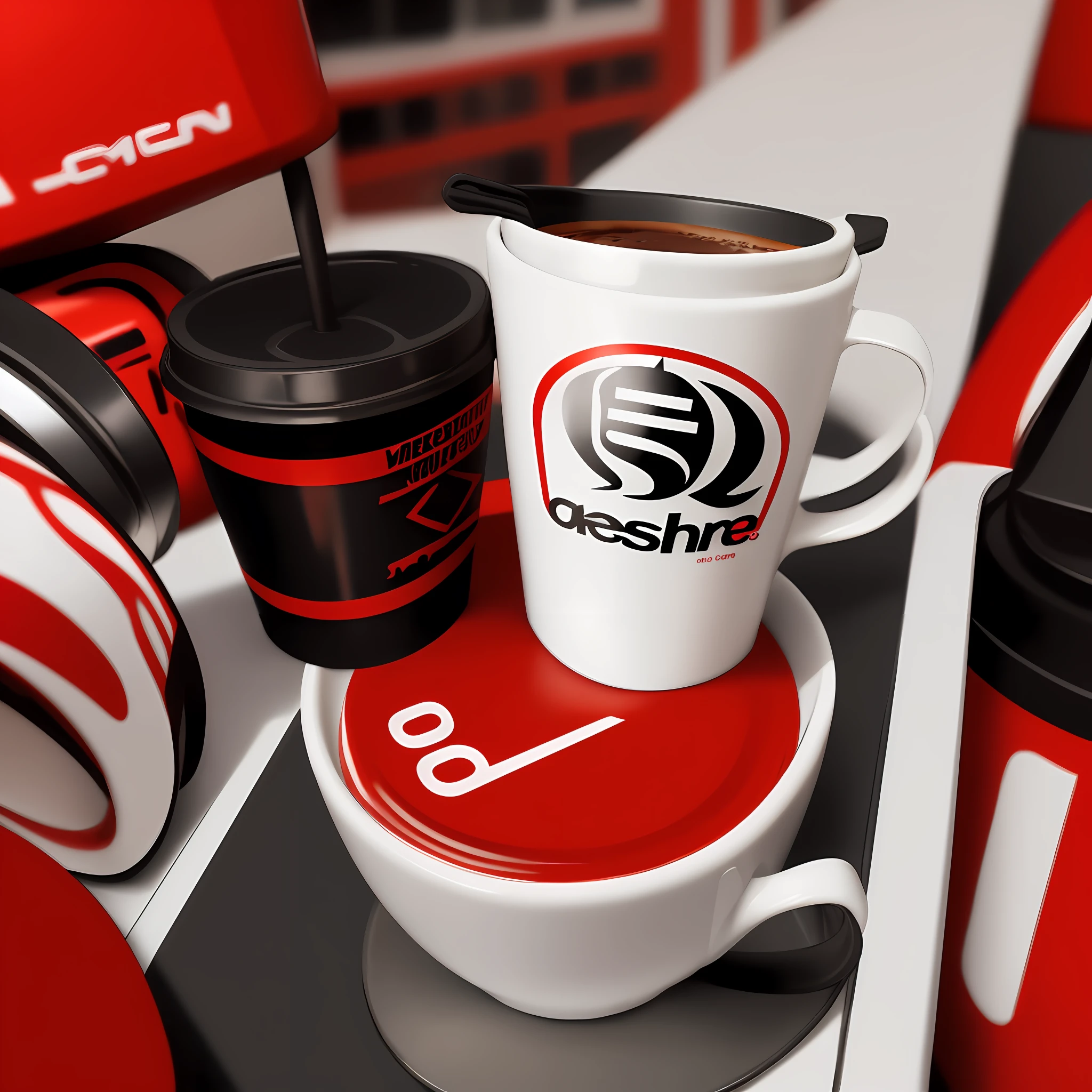 logo with red and black and stationary next to a coffee cup