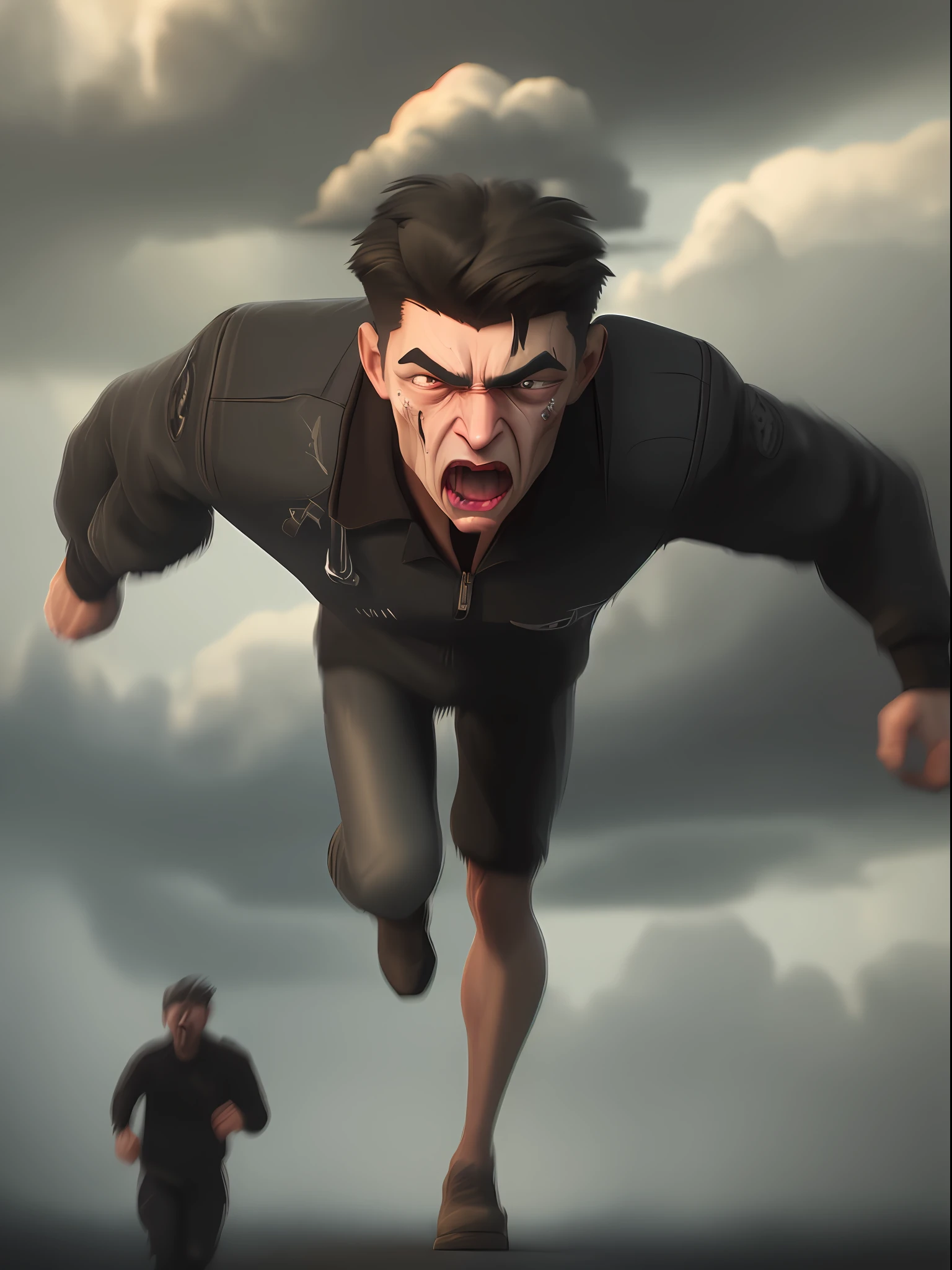 3D, Hand-drawn animation, storybook illustration, oil painting, detailed and realistic cartoon style. Represent grieving people, running and screaming, staring at an approaching black cloud. Create a digital illustration with realistic details, capturing people's emotion and the details of the oncoming dark cloud. Use the technique of oil painting to add texture and depth to the scene. Conveying people's sense of imminent danger and anguish at the threat posed by the dark cloud.