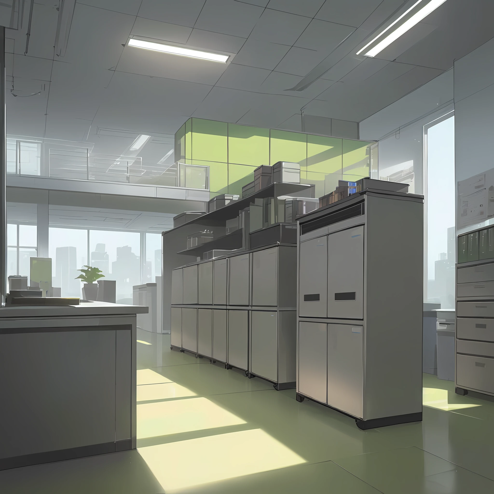 (Hyperrealistic image),(masterpiece, great detail and resolution), futuristic office interior, bright white tile floor like mirrors (small tile pattern), futuristic monitors on the walls shine like a neon (dark background, very bright icons), black office chairs, metallic gray desks (very detailed), pile of pastel yellow papers, trash cans in the corners,  Very bright white office light, pots with very green plants, shelves full of filing cabinets, small metal furniture, ornaments on the walls (posters, blackboard, wooden parde shelves), large glass windows where radiant sunlight enters, white and gray walls