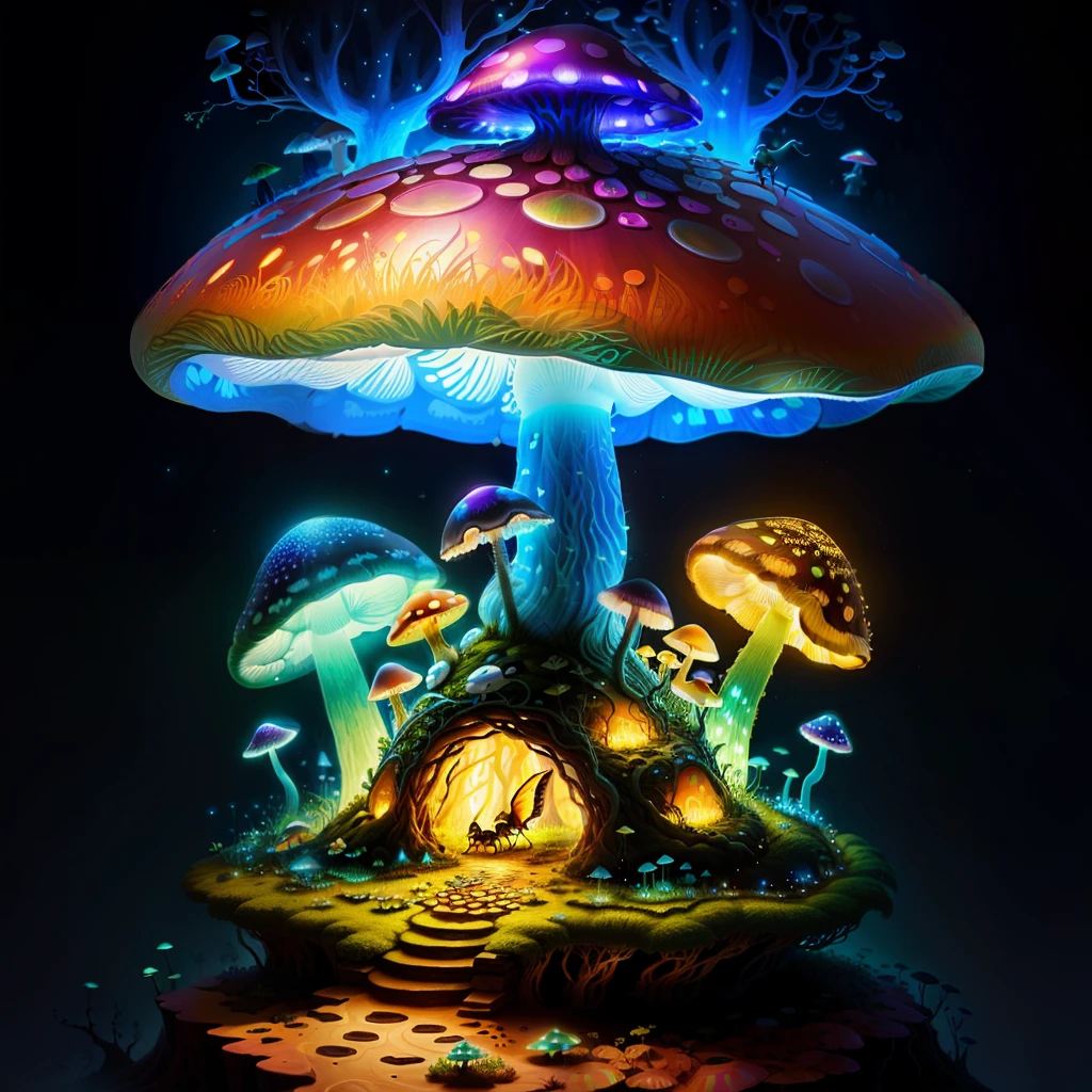 whimsical glowy mushroom anthill, fantasy, realistic, ants, anthill, mystical
