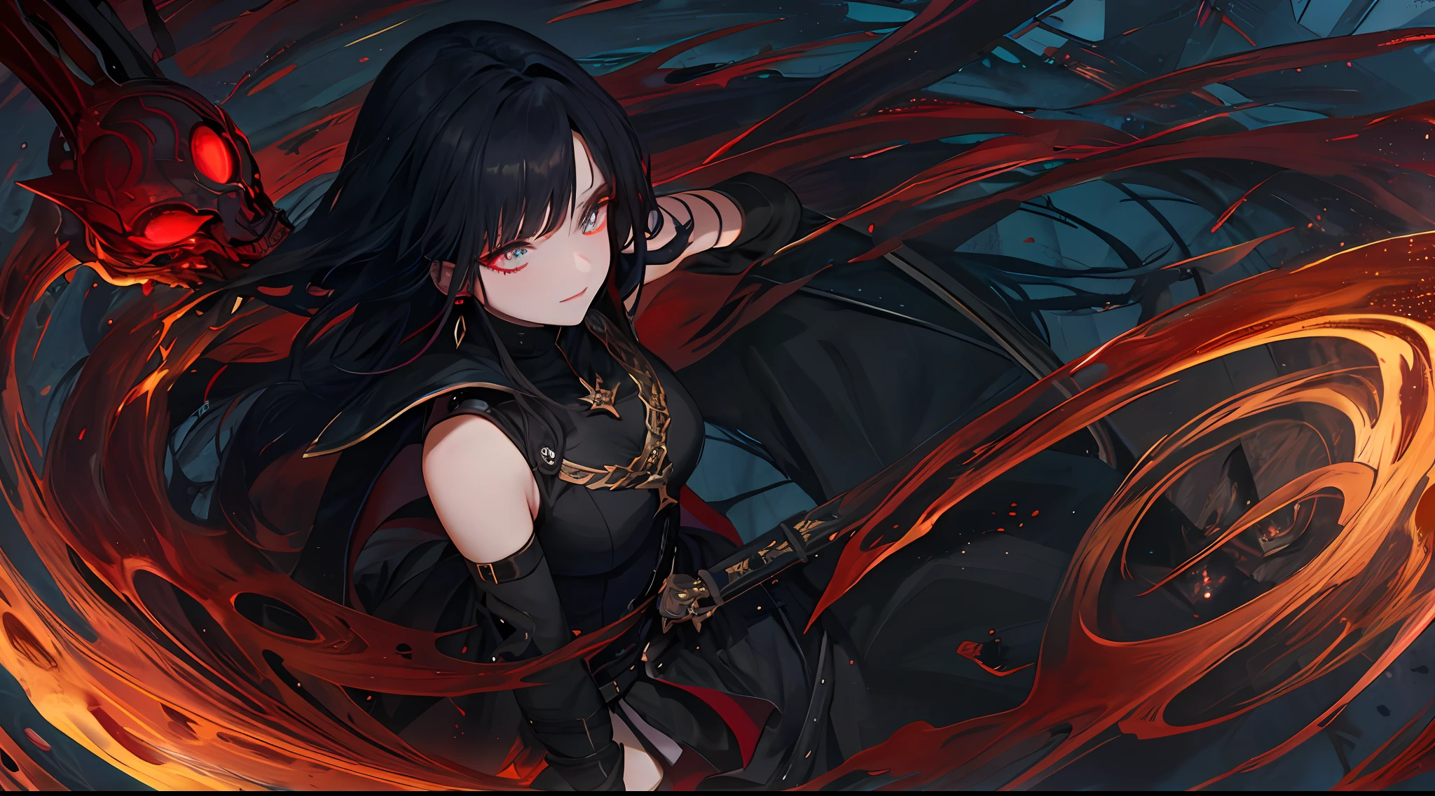 midnight black hair, red hair, gradient eyes, devil pupils, devil eyes, crystal earrings, anime style, divine rays, glowing light, ray tracing, reflection, statistics, whole body, atmospheric perspective, Sony FE GM, 8k, super detail, UHD, masterpiece, high detail, textured leather, high quality, best quality, 1080P, HD, 4K, 8k, 16k, high resolution, best quality, super detail, anatomically correct