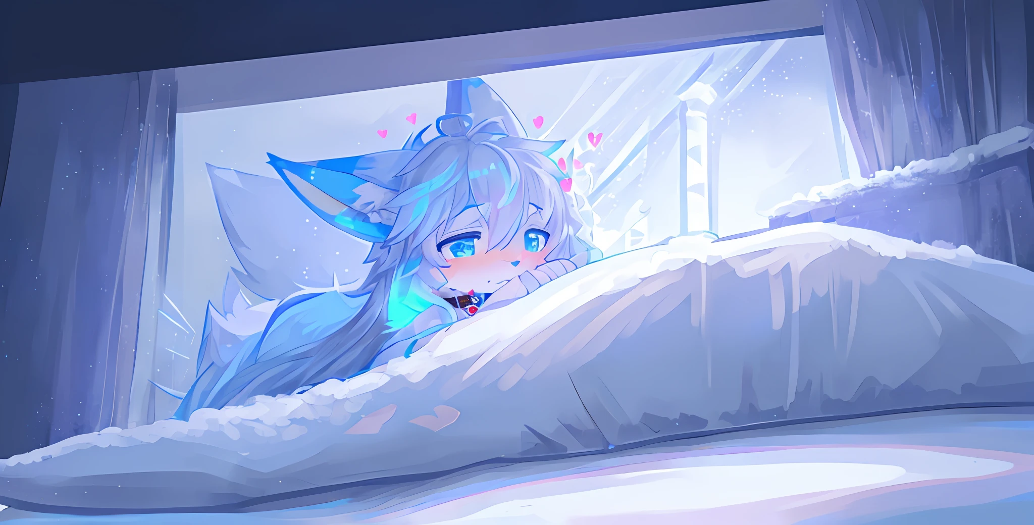 shota, long hair, blue eye, glow eye, femboy, neon city, snowfall, midnight, fox ear, deep blue ear, fox tail, deep blue fox, deep blue jacket, cute, collar, Two tail, space katana, God, fur body, full body, the lower body is nude, snow fox, character, master piece, fluffy tail, current, shy, NFSW, Highest Quality, 8k, full HD, four ear fox, winter, own character, nude, nsfw, light blue hair, 10 years, super Shy, sleep, demon sexual tattoo, heart eye, full demon sexual tattoo. power demon sexual tattoo, full power demon sexual tattoo, soft, glow demon sexual tattoo. pink demon sexual tattoo (demon sexual tattoo 100%, demon sexual tattoo heart)