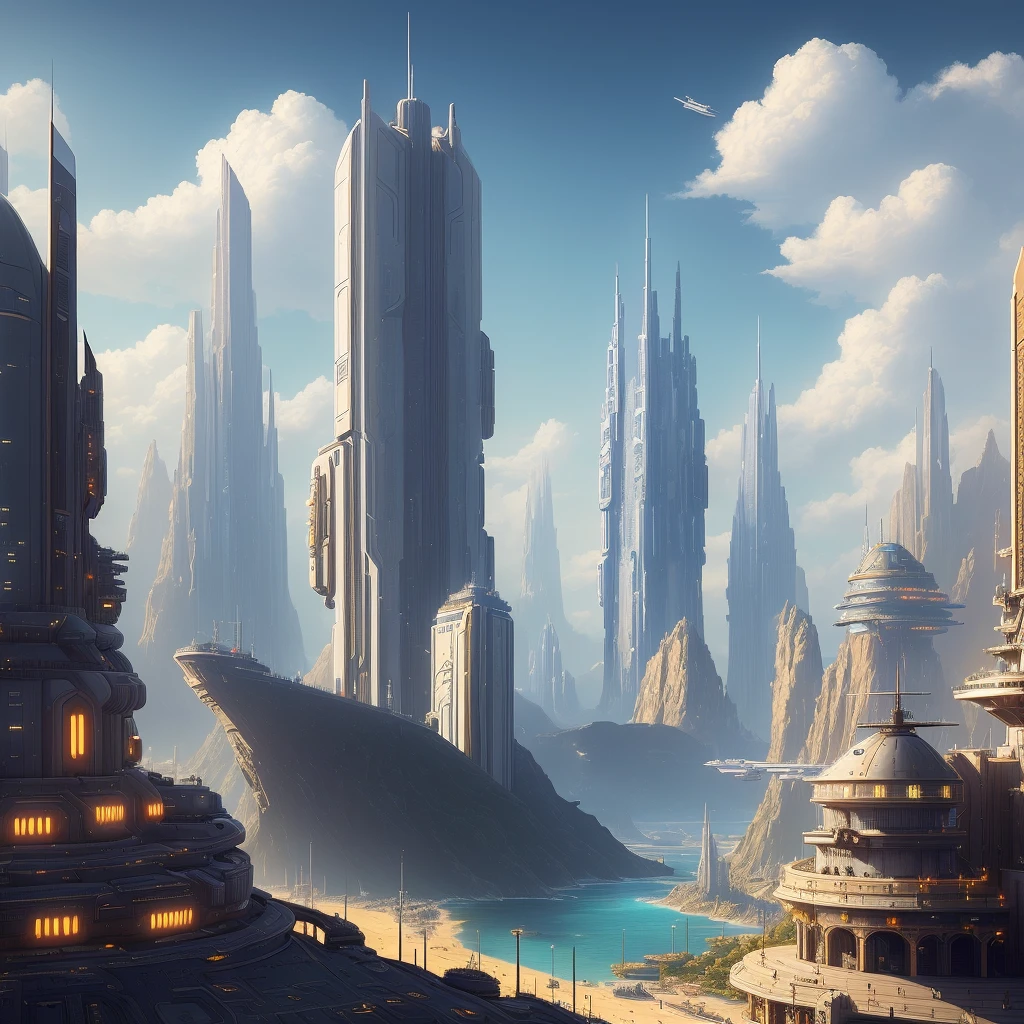 ((masterpiece)),((best quality)),((high detail)),((realistic,)) Sci-fi port city with spacecraft, docking yard, steampunk_architecture, blue_sky, nebula_sky, cloudy_sky, mountains, picturesque scenery, skyscrapers