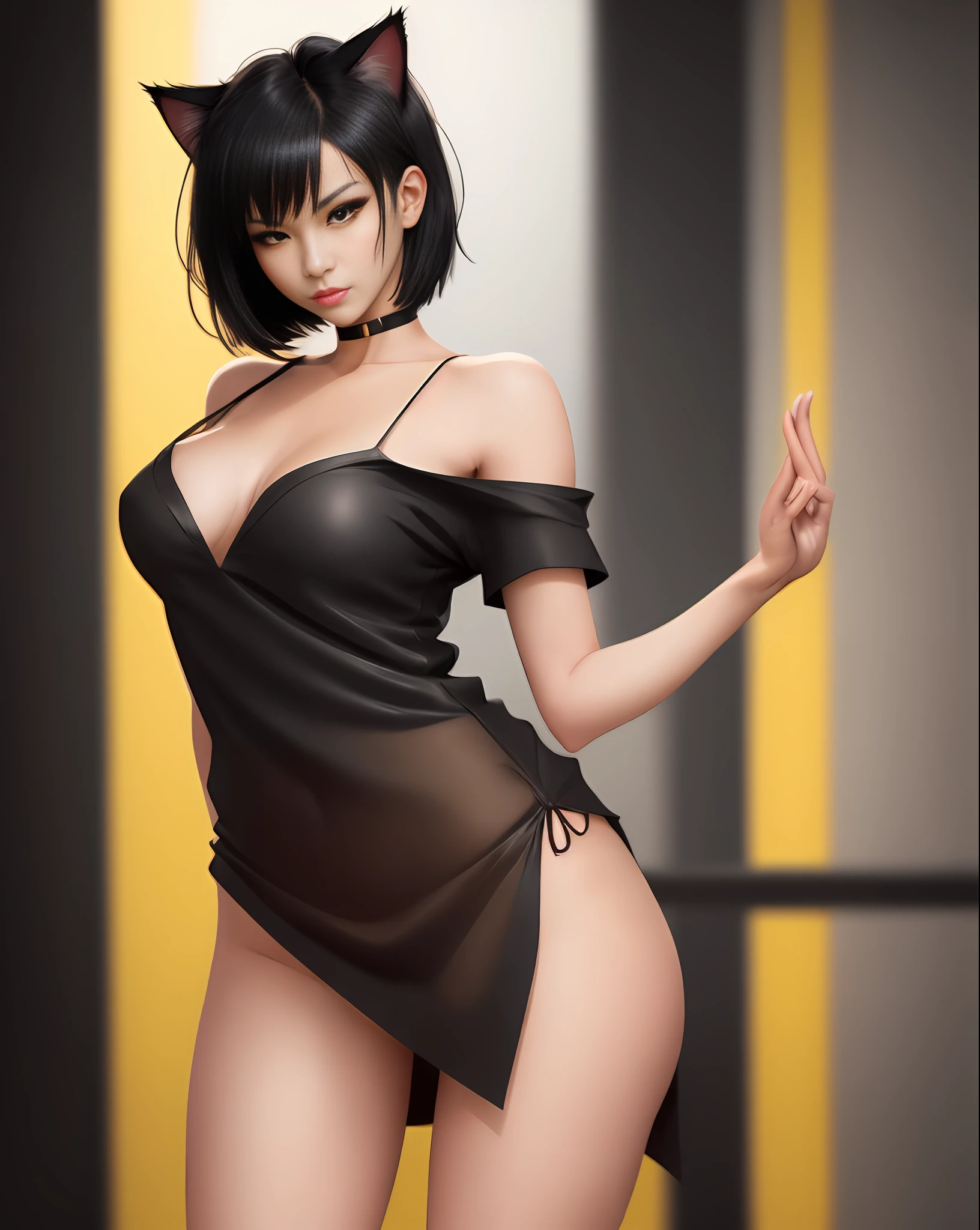 Girl making bold standing, cat ears, seductive girl, medium breasts, black blouse dropped sideways, yellow eyes, short black hair, crepe fabric, attractive girl, seductive beautiful woman, woman, (anime girl), attractive cat girl, ecchi style, a girl. Infinite black minimalist background, professional lighting, (Masterpiece, posing for the camera, seducing, depth of field, 4K, 35mm lens, richness of detail). Realistic portrait style
