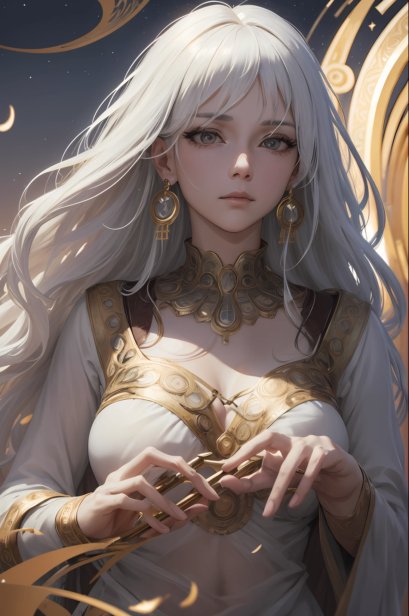 (absurdres, highres, ultra detailed), 1woman, mature female, aged up, wavy long hair, white hair, black eyes, bangs, long sleeves, finely detailed eyes and detailed face, extremely detailed CG unity 8k wallpaper, intricate details,  looking down, solo, half shot, detailed face, stoic expression, dynamic pose, flowing hair, classical era, (ancient roman theme:1.1), roman mythology,  Roman empire,  Capua, ancient vineyard, oracle,  cape,  iron accessories, ancient theme, (flourishing civilization:1.1), pristine white marble, (intact:1.1) marble buildings,  hills in background, brazier, burning embers, night, darkness, stars, aura of light, majestic atmosphere, floating stone particles,, portrait, wind swirling