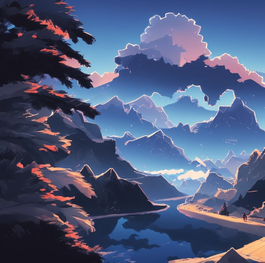 there is a cartoon picture of a mountain lake with a mountain in the background, anime landscape, background art, mountainscape, low detailed. digital painting, anime landscape wallpaper, anime nature, 4k detailed digital art, anime background, lakeside mountains, anime background art, anime scenery, detailed digital painting, moutains, detailed digital drawing, background artwork, procreate illustration