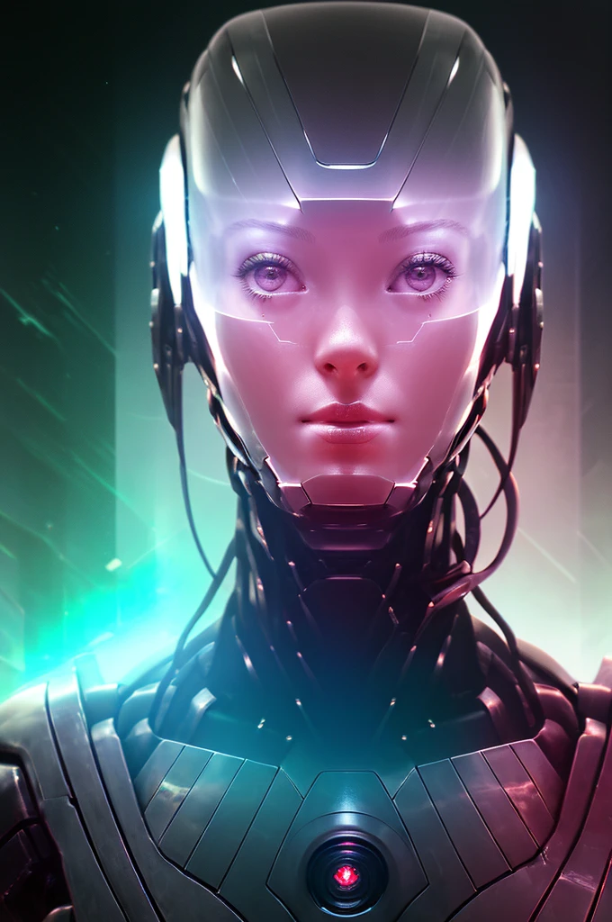 (single, alone , solo focus, american shot of :1.3) Kat Dennings gorgeous space cadet robot standing looking at camera in front of a star field with a blue light shining on her chest, symmetric perfect body, clear white skin, skin details, Shadow blue hair , depth of field, extremely intricate details, tight Dark sea green bodysuit, metallic cape, jet-pack boots, light pink eyes looking at camera, realistic proportions, combat pose, light beams out of hands, Artgerm, stanley artgerm lau, cyberpunk art, fantasy art, ( crystal face shield :1.1) , spaceships on the background