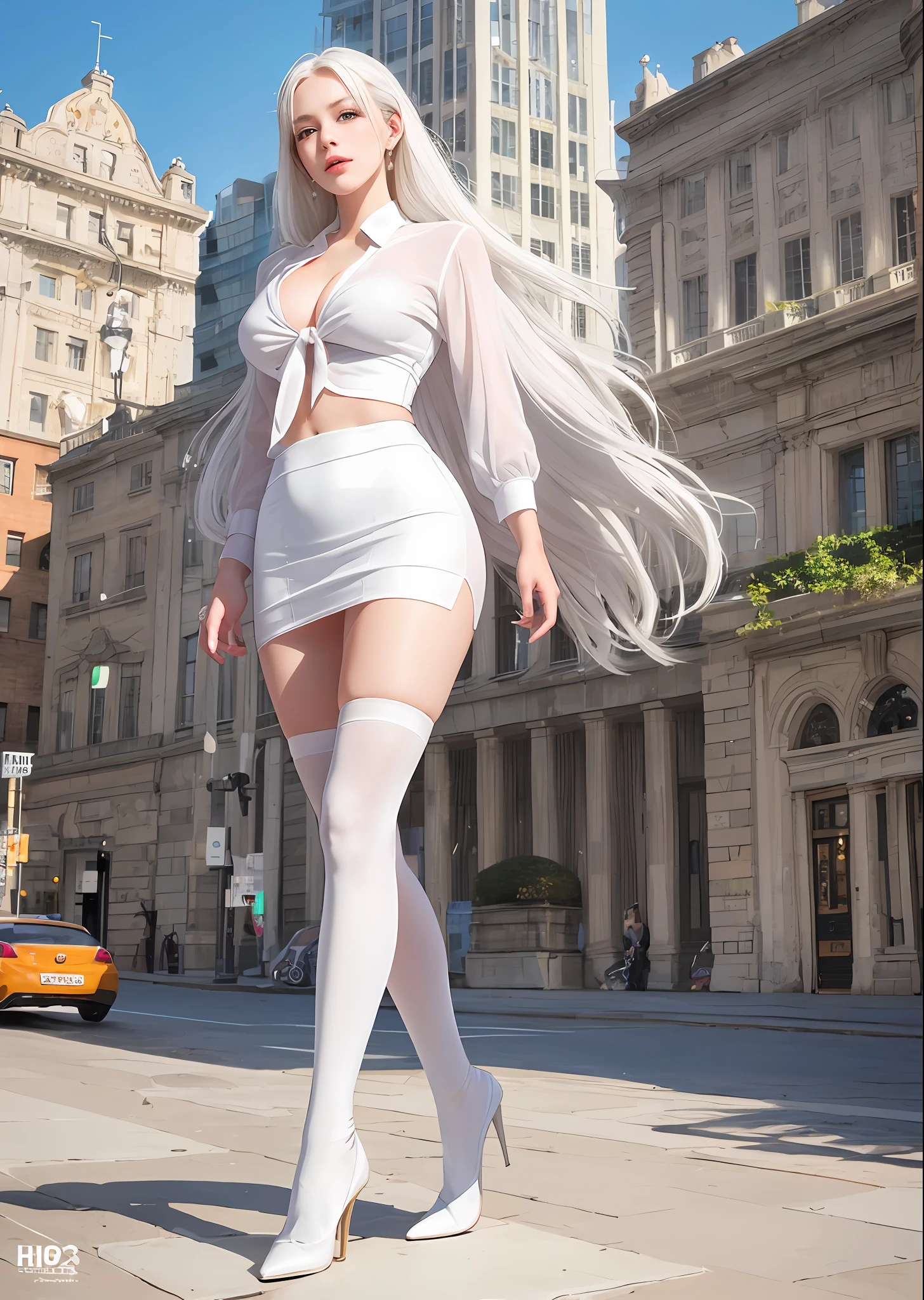 (8k, RAW photo, best quality, masterpiece: 1.2), (realistic: 1.3), (photorealistic: 1.3), ultra detailed, (high detail skin: 1.2), 8k uhd, DSLR, soft lighting, high quality, film grain, Fujifilm XT3, best quality, beautiful lighting, 1girl, long hair, side_swept_hair, ((white hair)), pink eyes, normal ears, cocky, full body, medium breasts, exposed décolletage, outdoor, city, posing, night, thick thighs, pretty legs, beautiful legs, bright legs, teasing with legs, black leather mini skirt, white shirt, open shirt, business woman, white shirt, tie, bracelet, necklace, high heels, stilettos, walking, looking into the distance, elegant woman, beautiful woman, white tights, white leather long boots