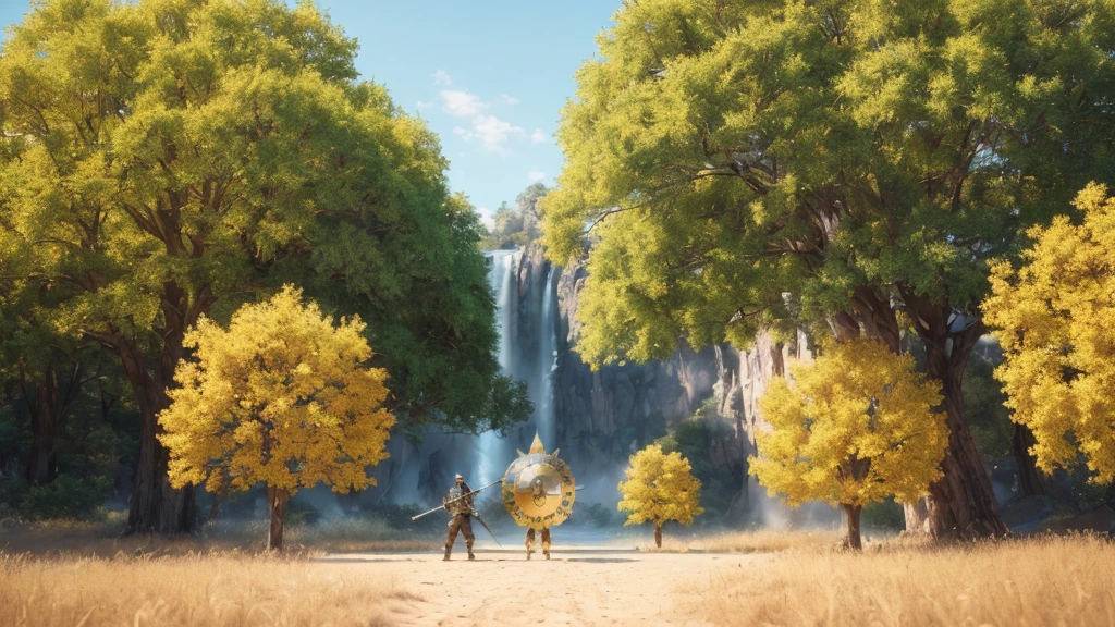 (extremely detailed CG unity 8k wallpaper, masterpiece, best quality),(amber field:1.2, bright sun:1.1, depth of field:0.8, vastness:1), (1Skutatoi armored warrior holding long spear:1.3, large shield:1.2, standing in dynamic pose:1.1, ready for fight:1.2)