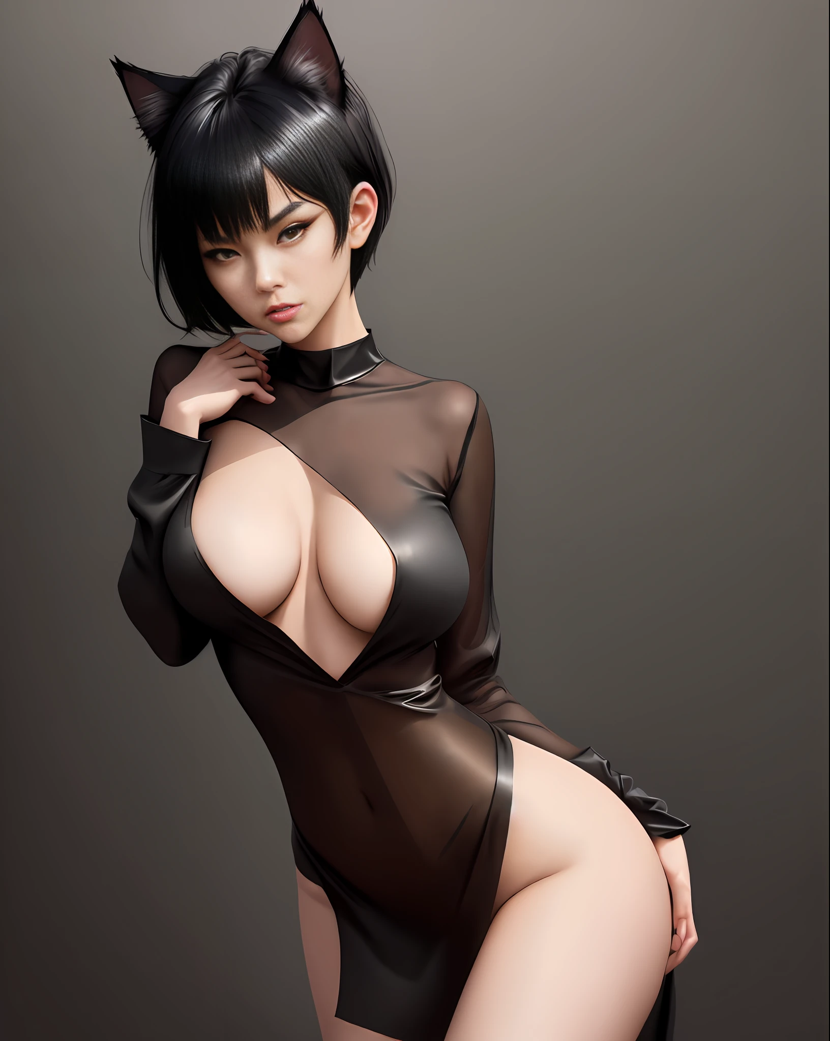 Girl doing bold standing, cat ears, seductive, medium breasts, black blouse dropped on the side, yellow eyes, short black hair, crepe fabric, attractive. (Infinite black minimalist background, professional lighting, masterpiece, posing for the camera, seducing, depth of field, 4K, 35mm lens, richness of detail). Realistic portrait style