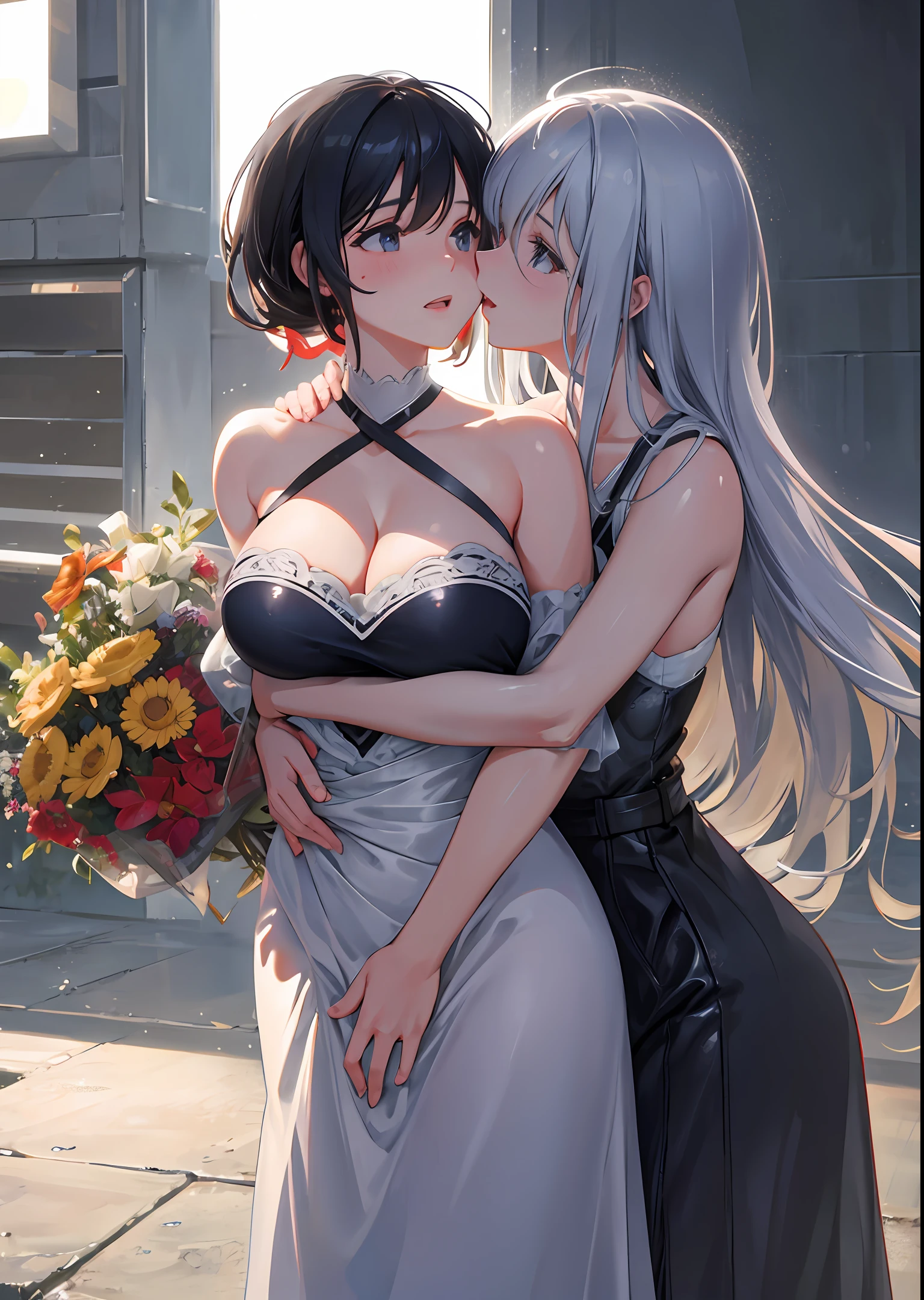 The two girls hugged each other. Kiss each other face to face. Grasp each other's breasts with your hands. Perfect figure., {{Huge breasts }},{ Perfect body },{ Exquisite face},{{{best quality}}},{{ultra-detailed}}, {{masterpiece}},{{masterpiece}}, {{{best quality}}},{{ultra-detailed}}, {{illustration}},{{disheveled hair}},{{disheveled hair}},clear facial features,Realism,Photorealism,New Realism,octane render,Corona Render,UE4,high detail,hyper quality,high resolution,8Ktrending on artstation,HD,hyperrealism,telephoto lens,Chest Shot(MCU),first-person view,film lighting,