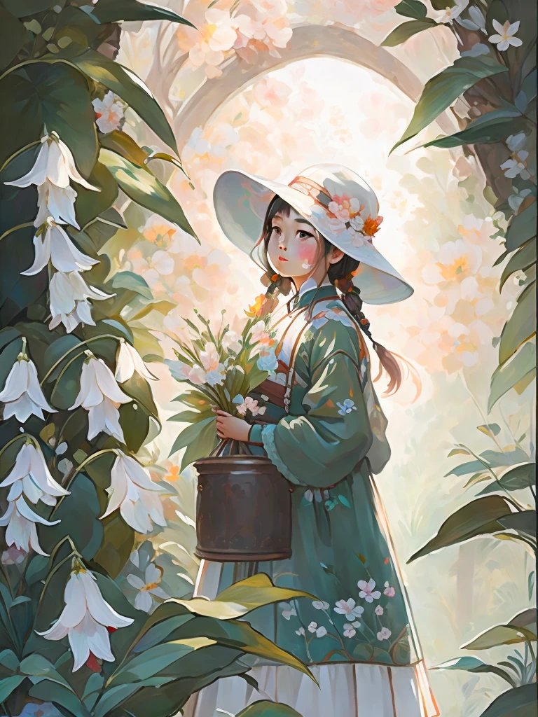 A colorful flower painting of girls in high detail Chinese art style, trends on artstation, clear focus, studio photos, intricate details, very detailed, by Greg Rutkowski