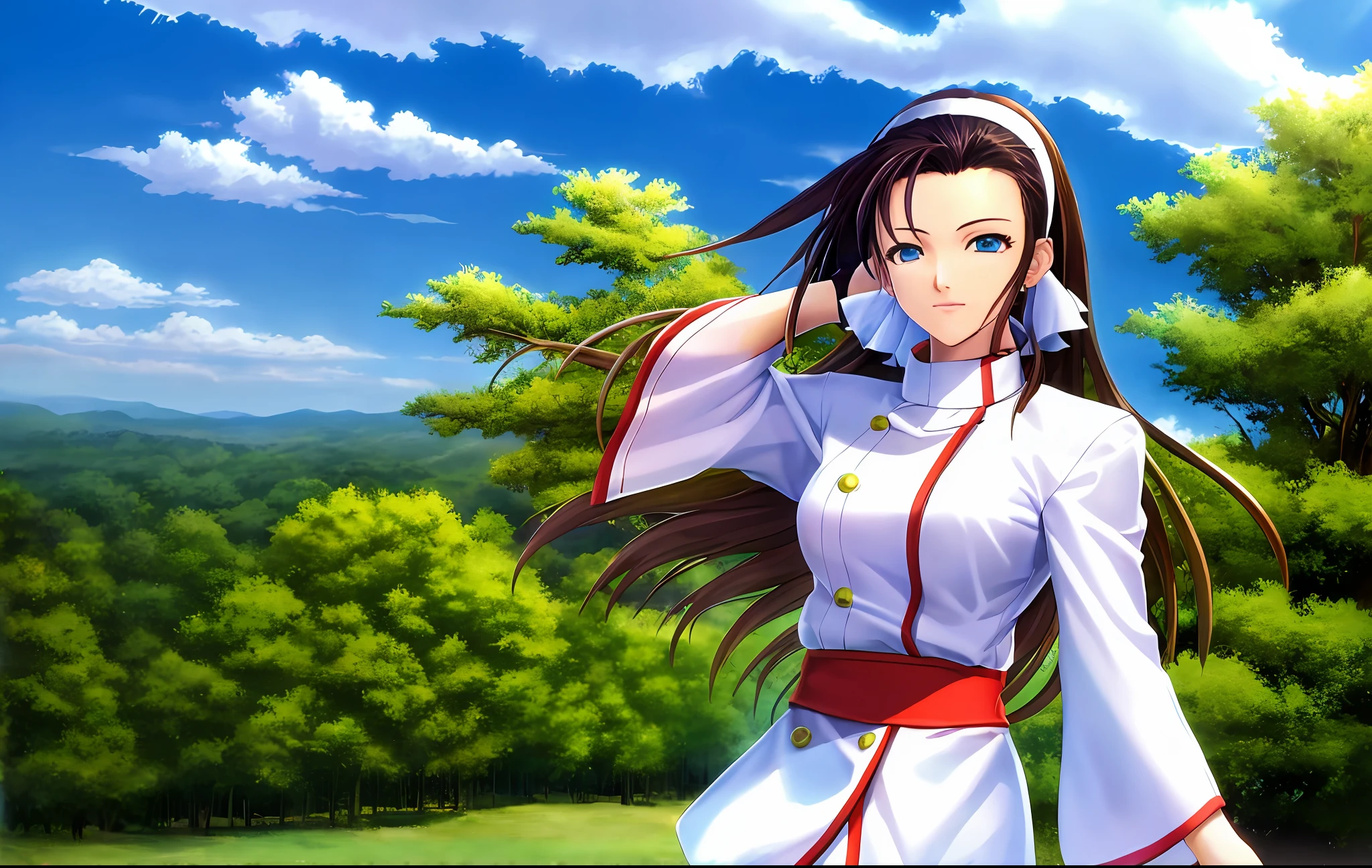 scenery, forest, sanctuary, sky, clouds masterpiece, best_quality, 1girl(Chizuru Kagura), solo