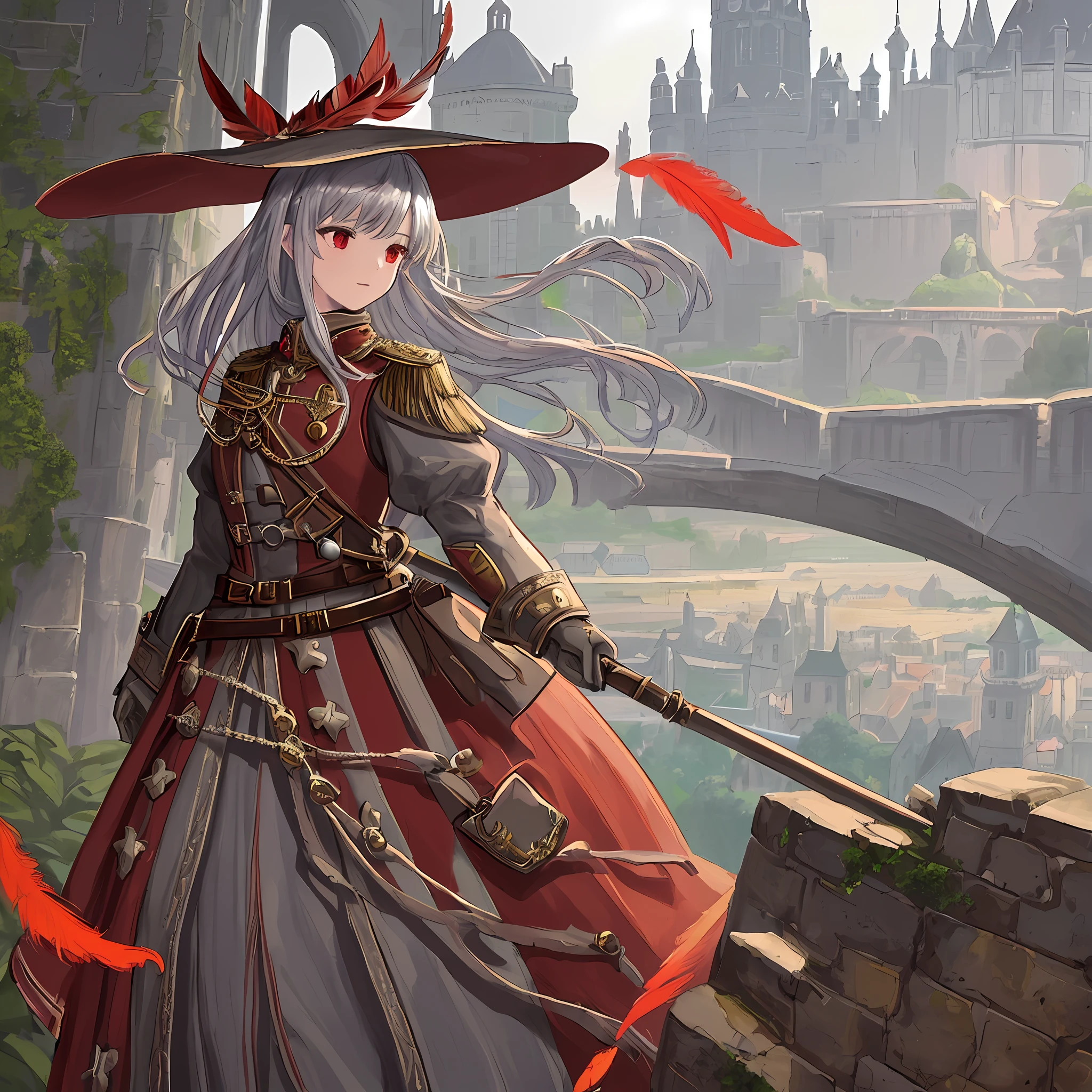 high quality illustration such as an oil painting, great resolution and detail, general point of view, model in the distance from the image, 1 aggressive woman, uniform of the sixteenth century (some metallic gray details on the arms and shoulders)(no details)), dark red military jacket (large silver buttons with sapphires), belts with gold buckles, small red cape to the hip,  wide-brimmed brown hat (large red feather details), grey metal boots (no details), very detailed scenery, castle exterior, semicircular arches, flying buttresses, vegetation coming out of cracks